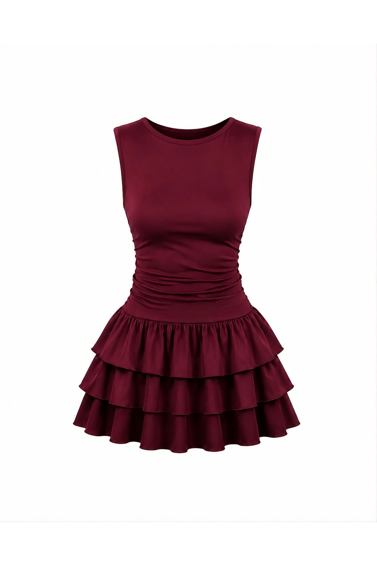 Flywheel Detailed Layered Skirt Mini Stylish Dress - BURGUNDY - SEVDE UGUR