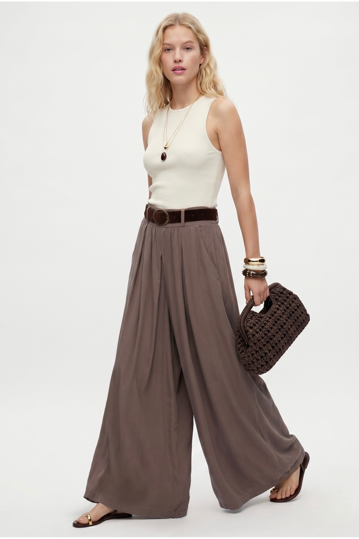 Women's Aviva Woven Modal Belted Waist Elastic Ultra Wide Leg Mink Pants