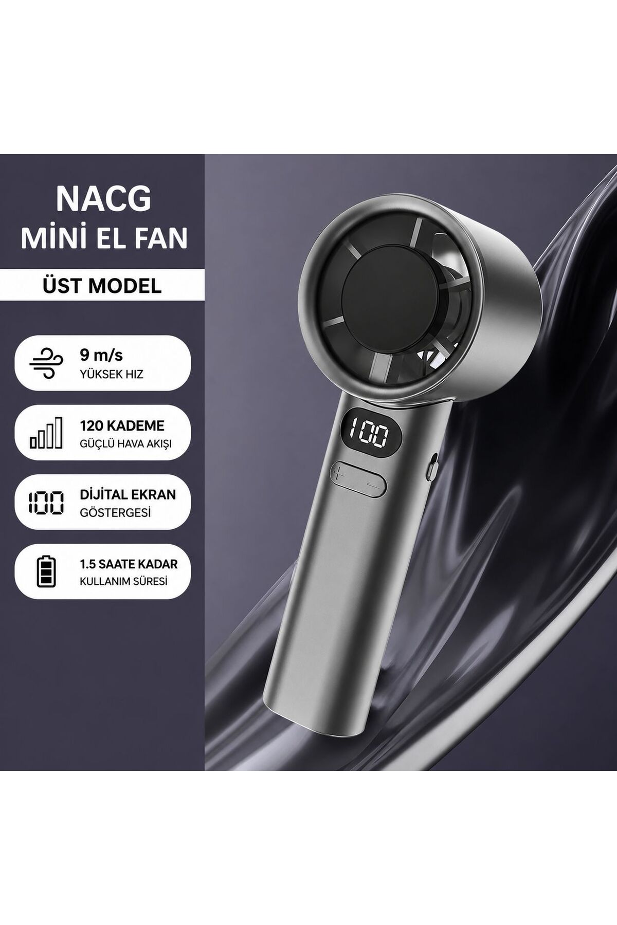 NACG Şarjlı Taşınabilir El Fanı - Sessiz USB Masaüstü Vantilatör - 120 Kademe...