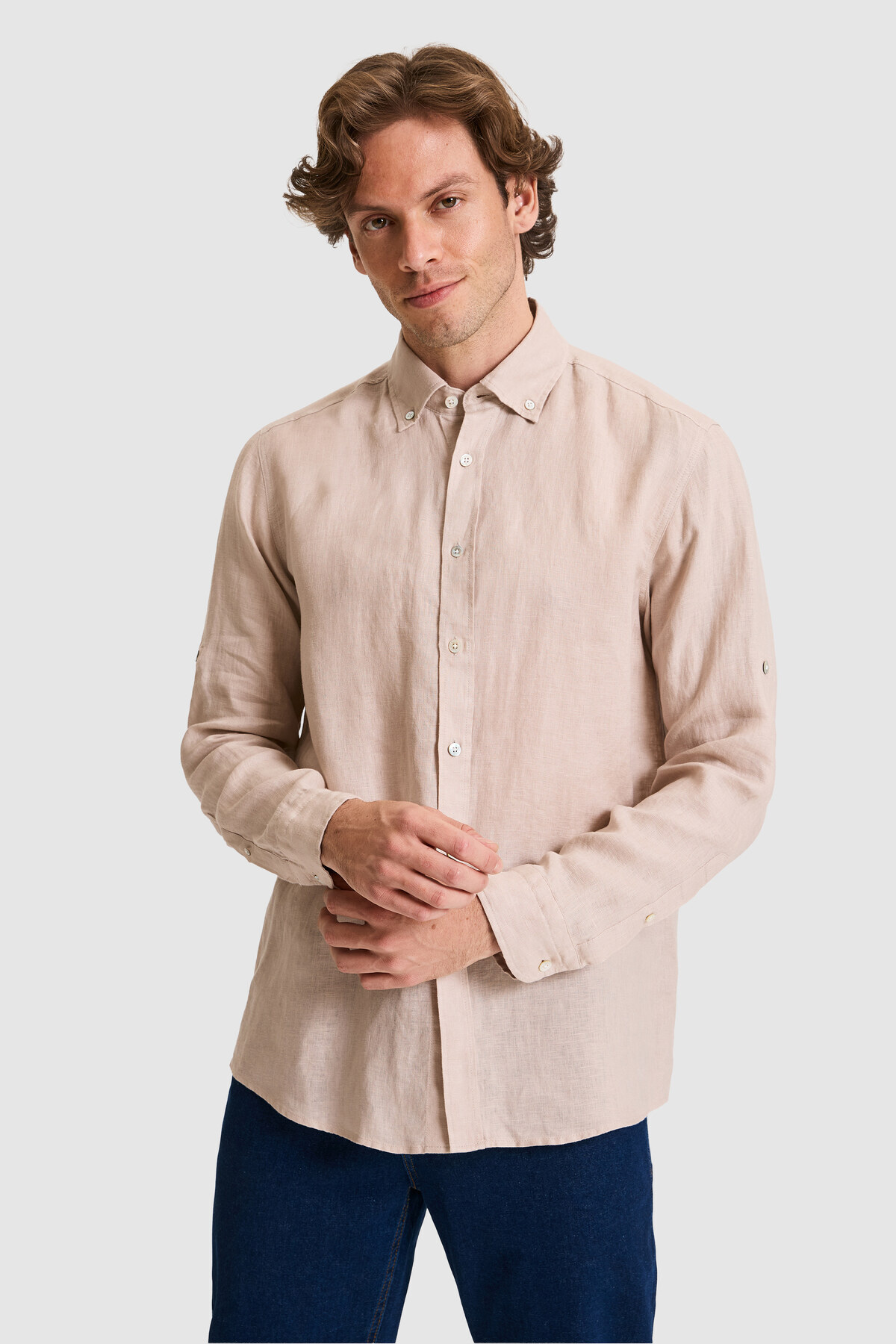 Erkek Regular Fit Taş Uzun Kollu Keten Gömlek 50319065-VR049 — خاکستری — تصویر 3 از 7
