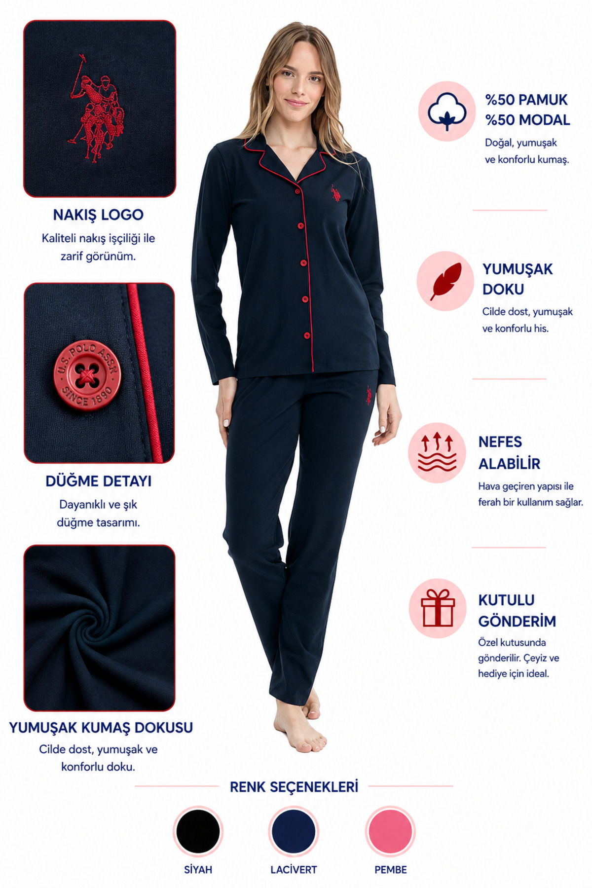 U.S. Polo Assn. 11000 Women's Cotton Modal Long Sleeve Shirt Collar Buttoned Dowry Pajama Set