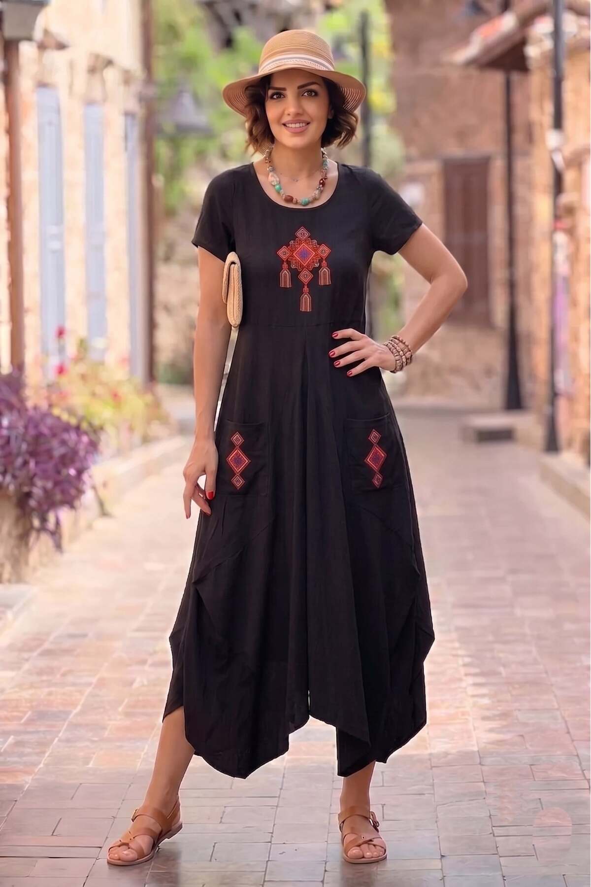 Nevin Kaya Moda  Siyah Etnik Nakışlı Şalvar Elbise - Görsel 2