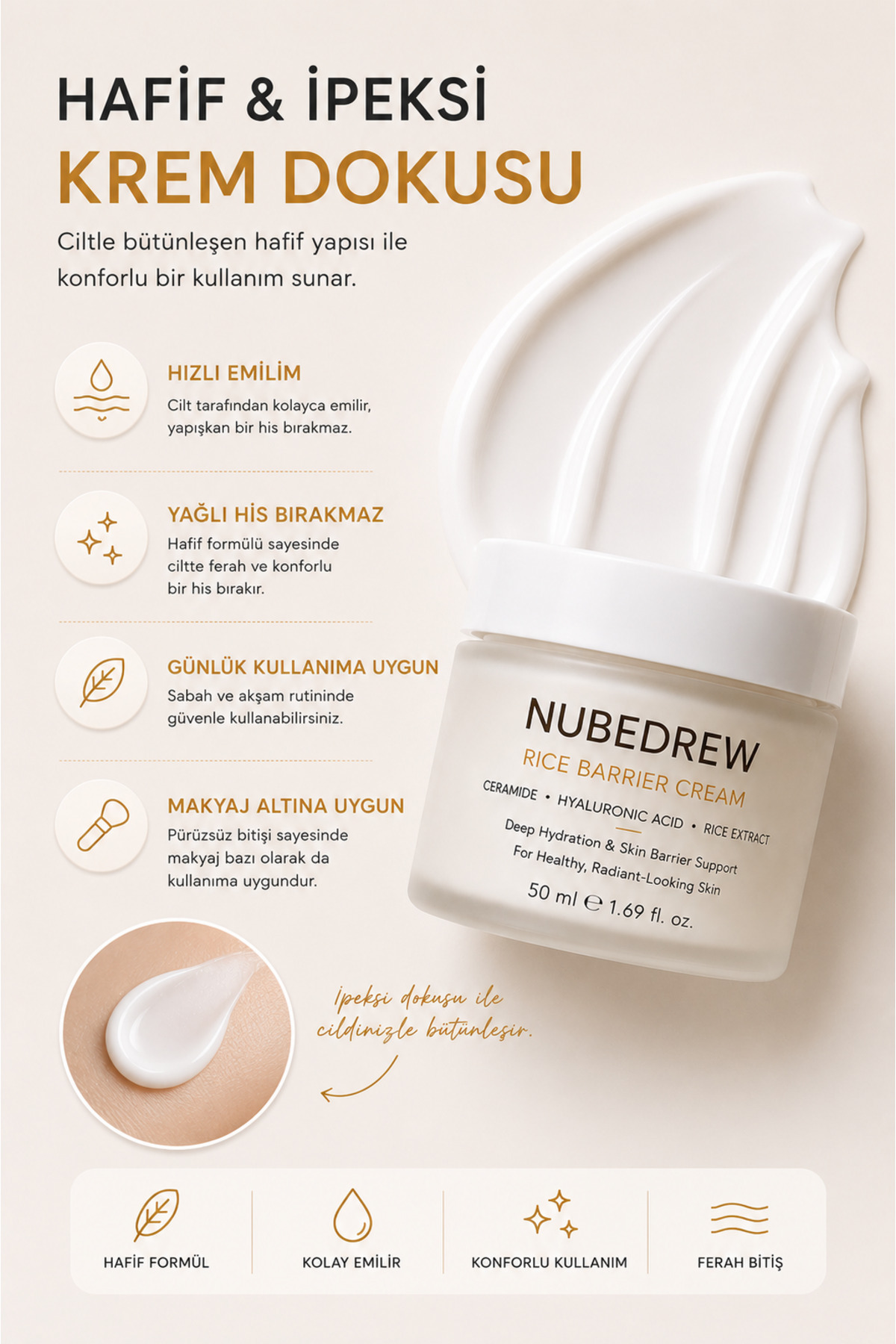 Ceramide Nemlendirici Yüz Kremi 50 ML Cilt Bariyeri Güçlendirici Hyaluronic Acid ve Pirinç Özlü Bakım Kremi — crnekr-nbd — تصویر 5 از 8