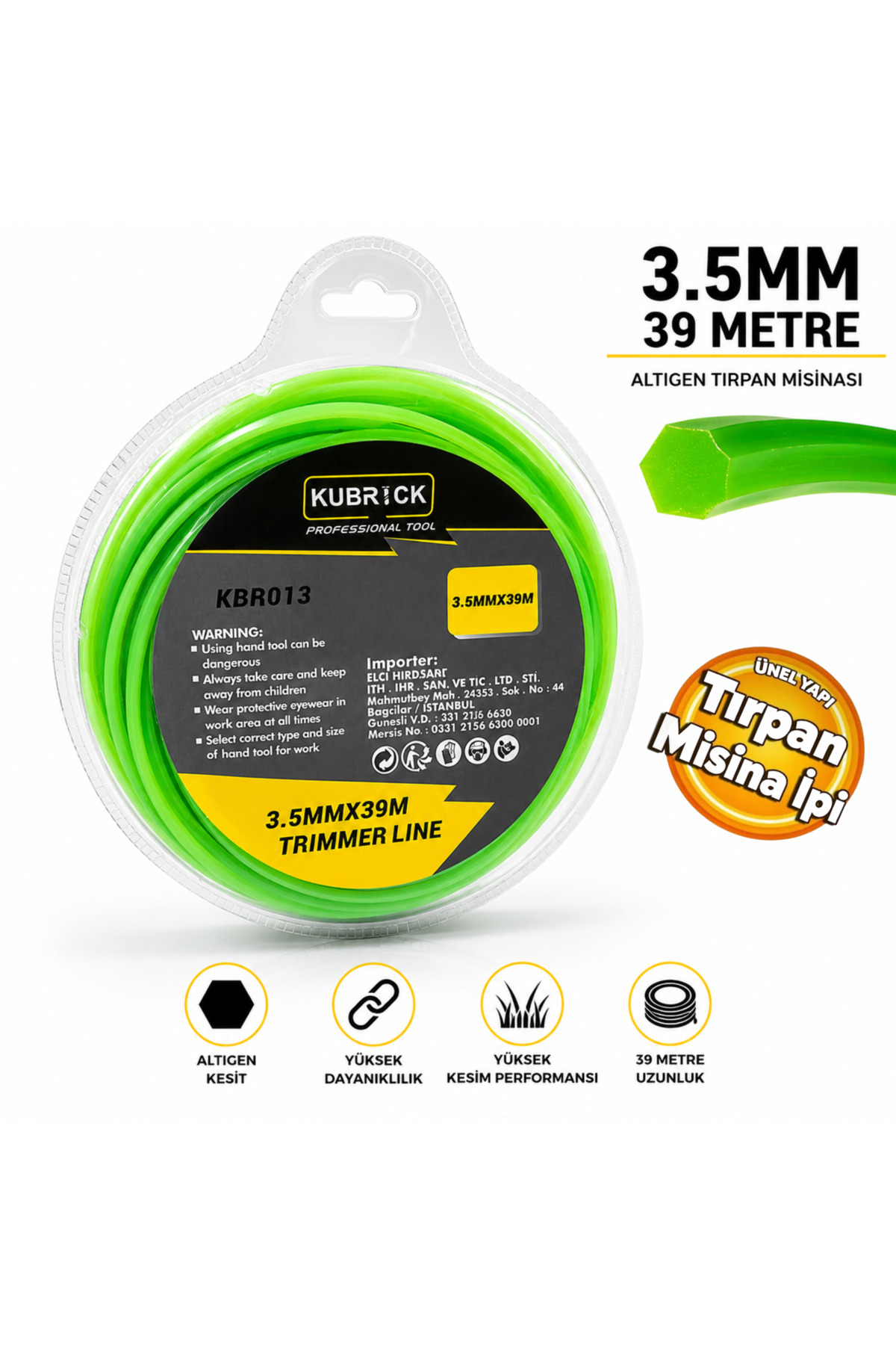 kubrick KBR013 Misina 3.5 mm x 39 Metre Altıgen Dayanıklı Yeşil