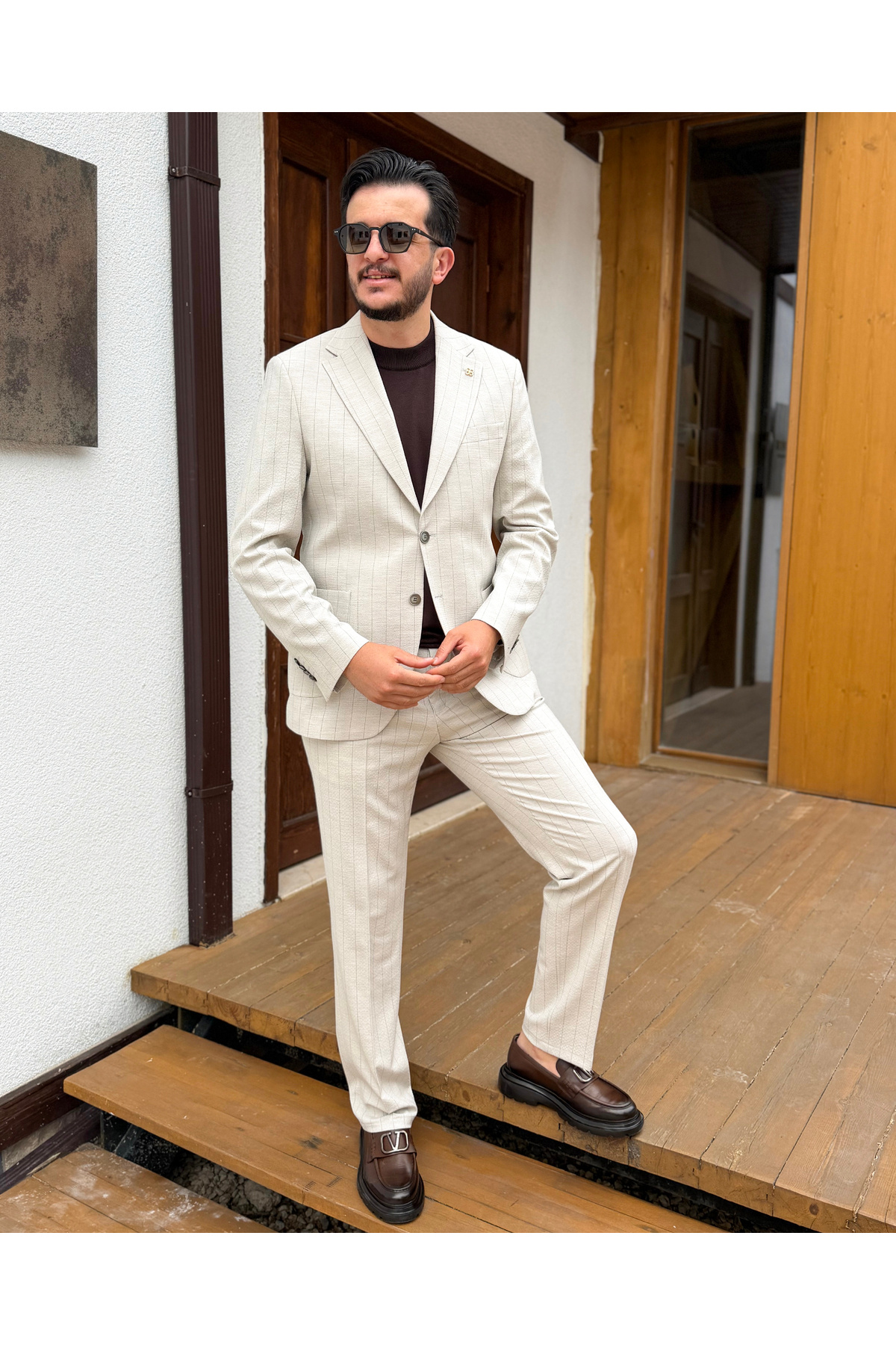 Milano Collection Riviera Çizgili Takım Elbise — بژ 01617