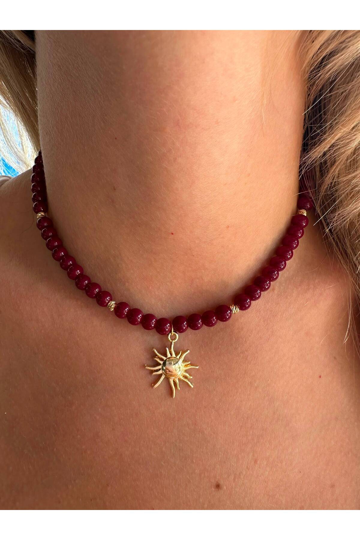 Güneş Charm Bordo Yazlık Boncuk Kadın Kolye - Detay Görseli 3