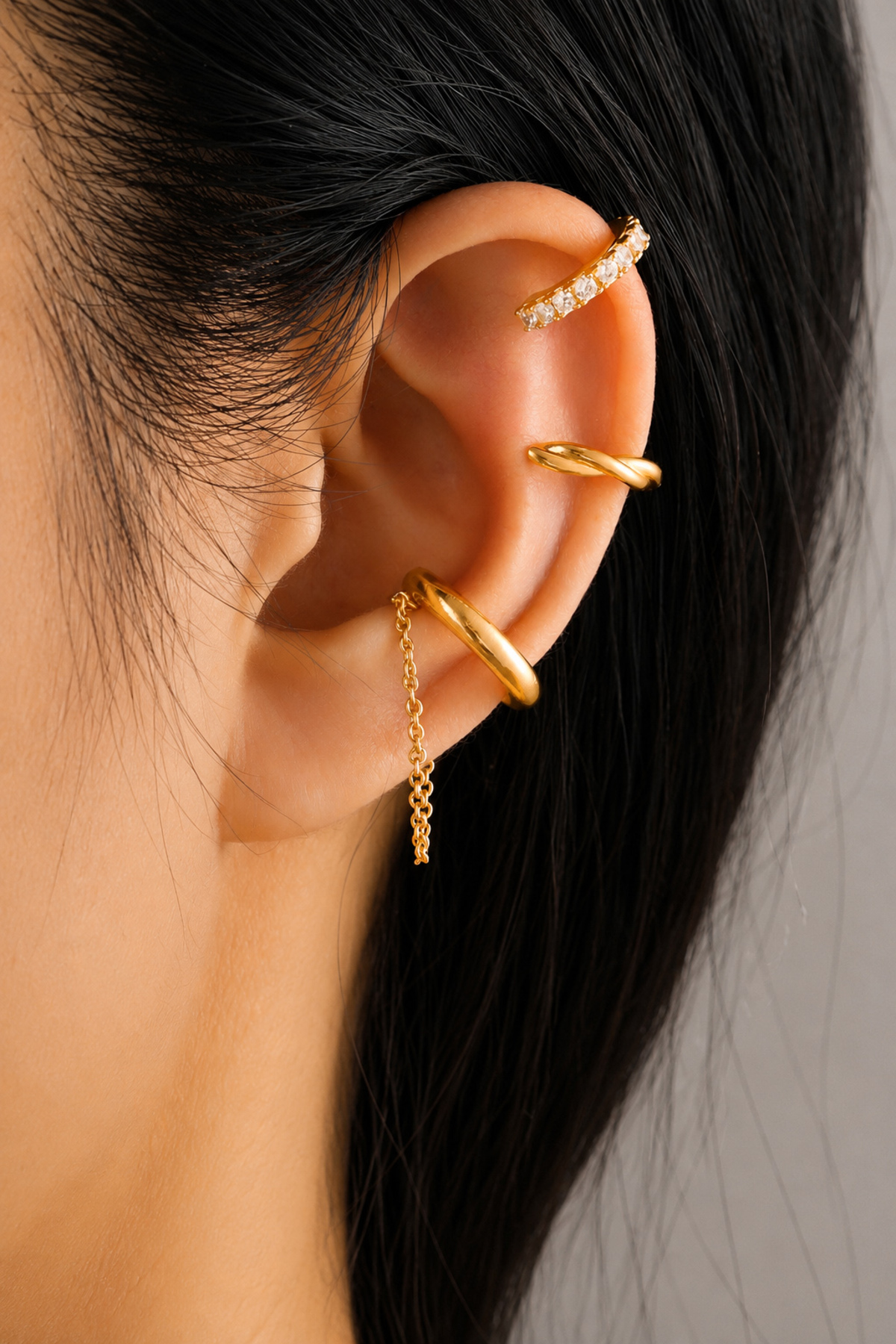 The Collection 3'lü Deliksiz Zirkon Taşlı Kadın Ear Cuff Kıkırdak Küpe Set görsel 2