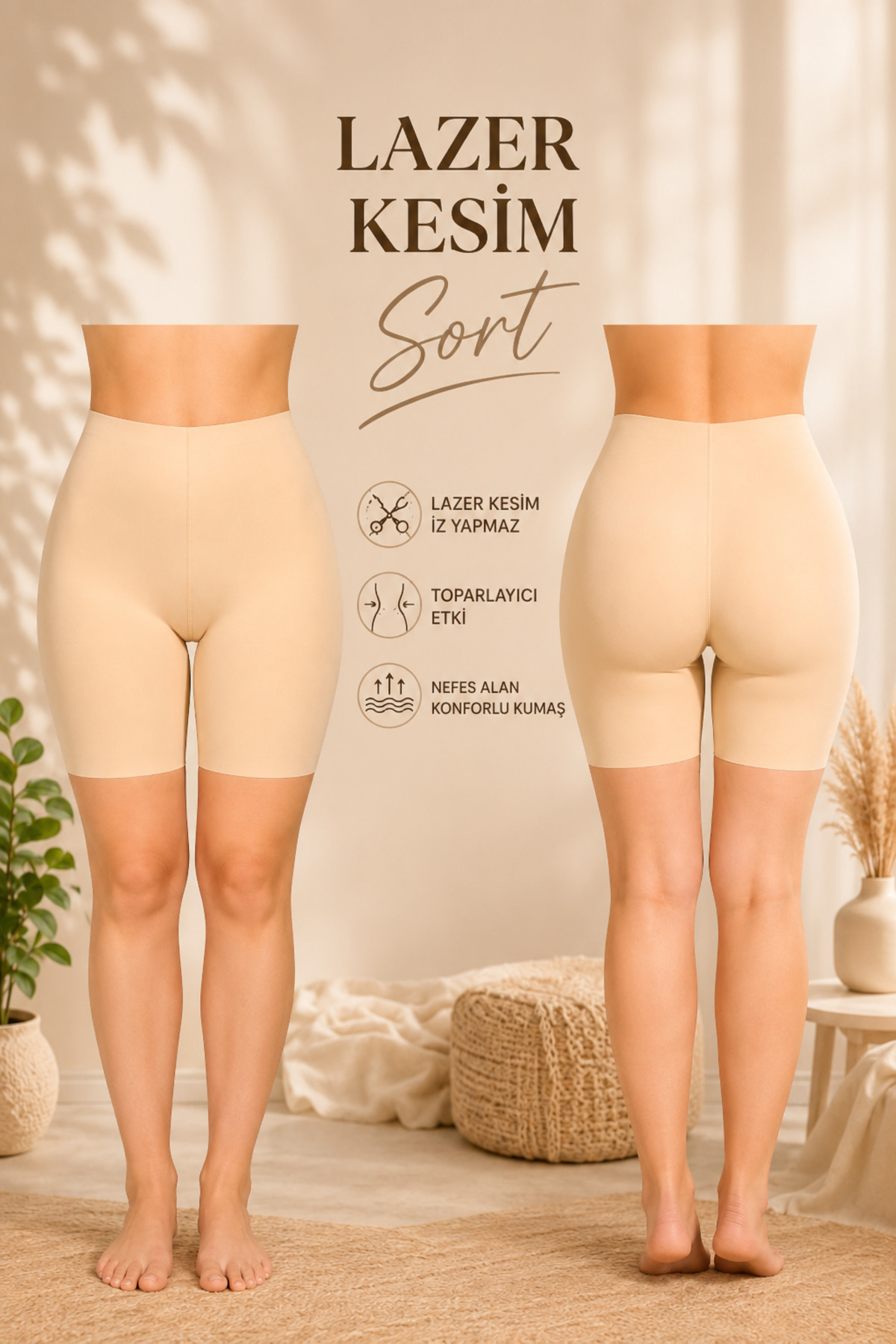 SAUNA SUIT Kadın Ten Rengi Toparlayıcı Lazer Kesim Korse Şort , Yandan Dikişli İz Yapmaz Boxer Şort görsel 3