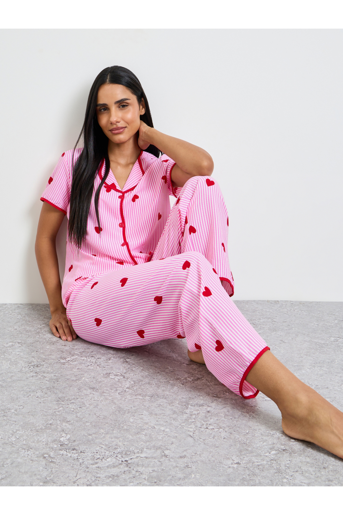 Take Two By Styli Pink Heart Striped Print Shirt and Pyjama Set