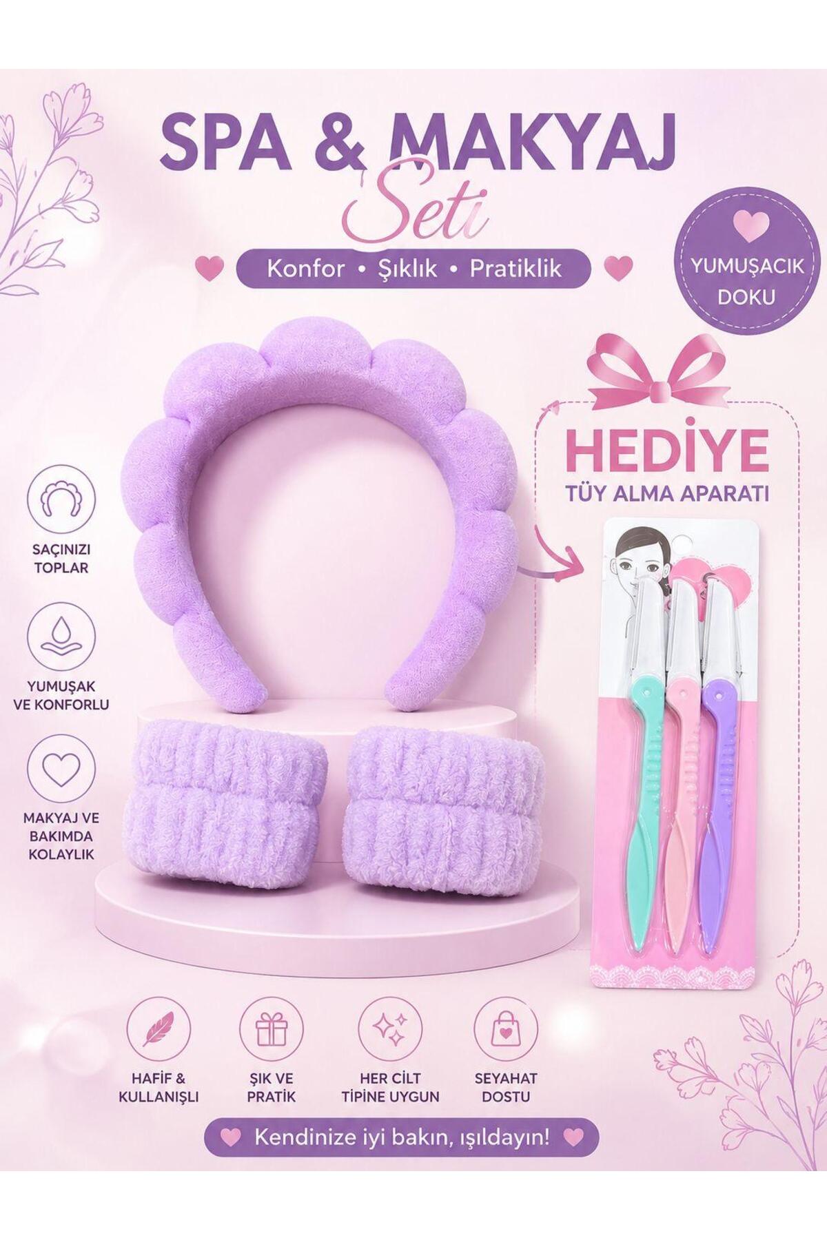 MİLANO BEAUTYS Kadın Havlu Kumaş Bombeli Spa Makyaj Tacı ,Yüz Yıkama Bileklik Seti,Tüy Alma Aparatı Hediye