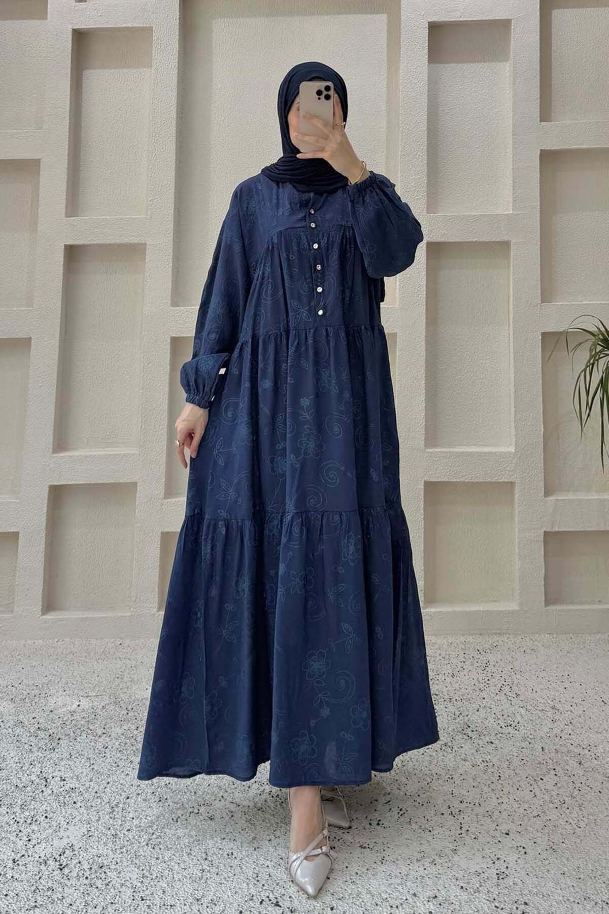 Lamelif Floral Patterned Gold Button Dress Navy Blue