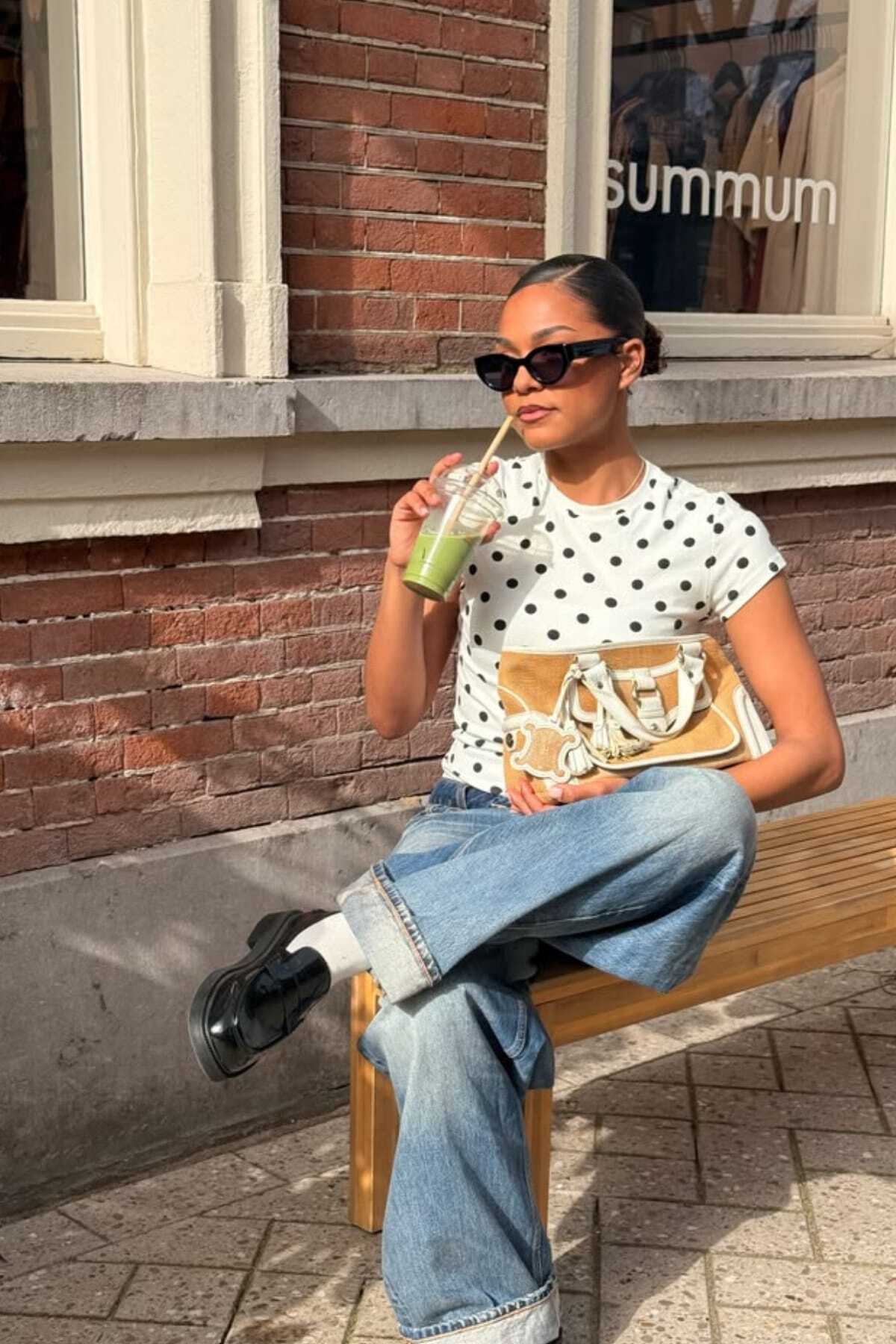 Hola Lady  Puantiyeli Kısa kollu bisiklet yaka t-shirt HL909 - Görsel 3
