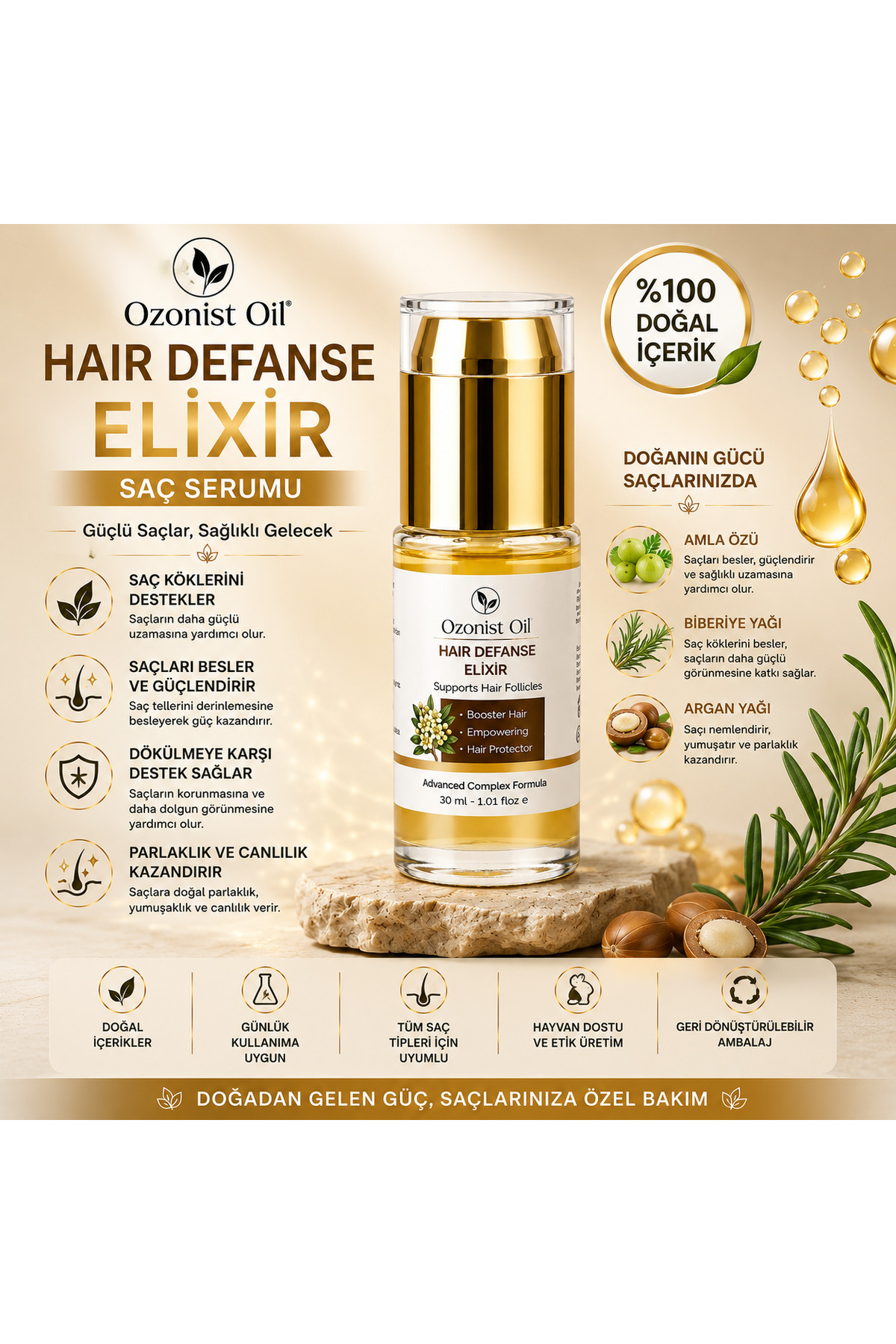 Biberiye , Argan Saç Serumu 30 ml – Saç Güçlendirici, Besleyici ve Parlaklık Destekleyici Ozonist Oil — 808.08.08