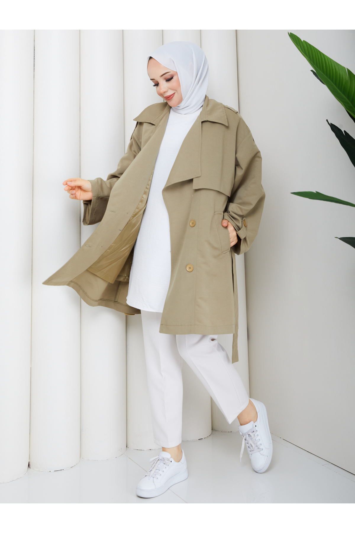 RACE FASHİON Yarı Astarlı Torino Kumaş Oversize Trençkot RC3136 görsel 2