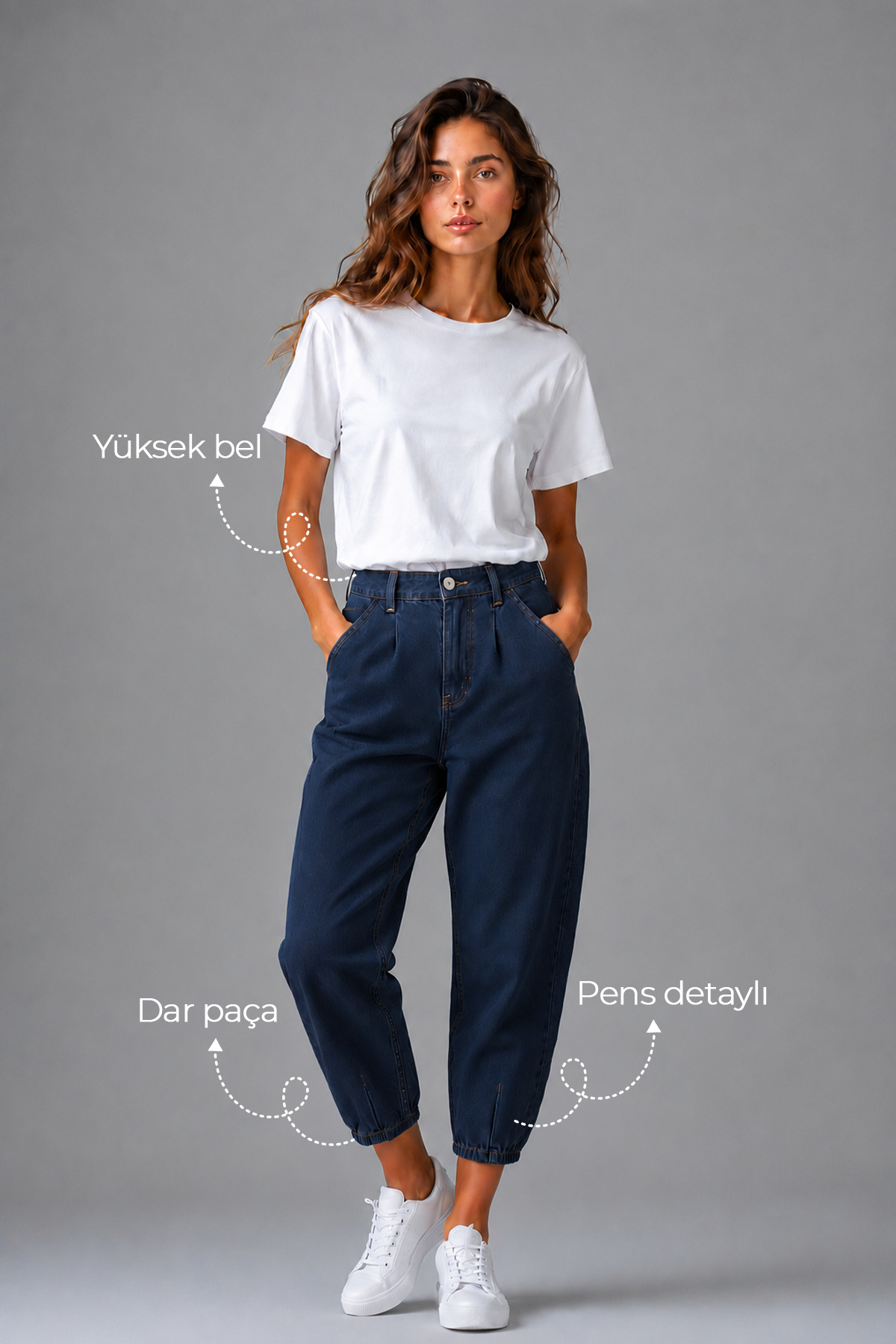 Denvy Denim Kadın Koyu Mavi Yüksek Bel Pens Detaylı Dar Paça Boyfriend Jean görsel 2