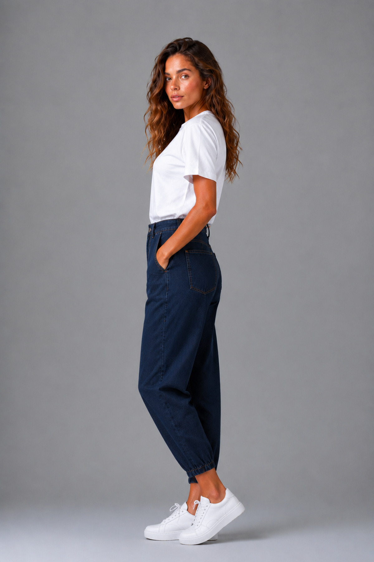 Denvy Denim Kadın Koyu Mavi Yüksek Bel Pens Detaylı Dar Paça Boyfriend Jean görsel 4