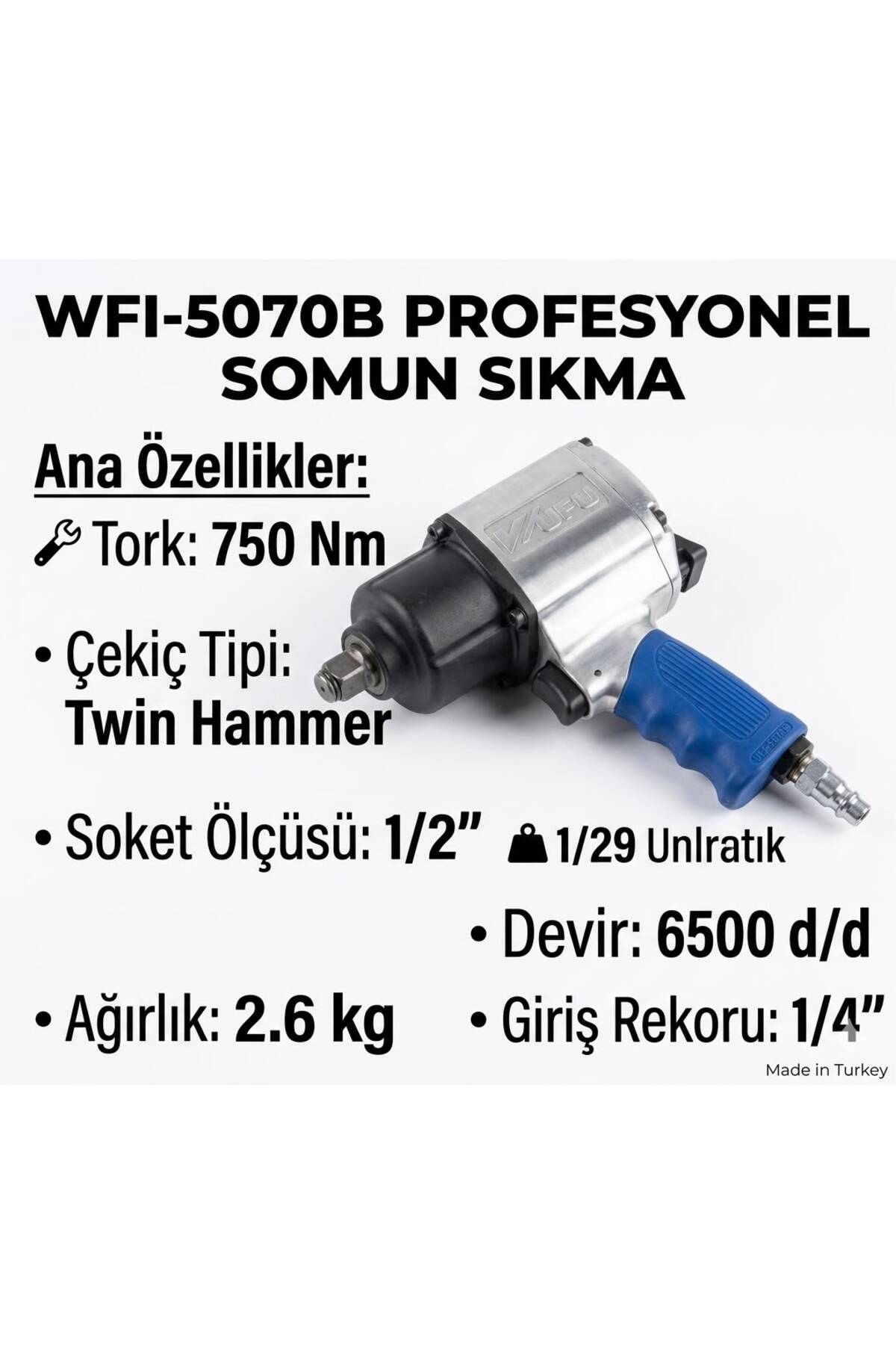 WFI-5070B Ultra Güçlü Profesyonel Havalı Somun Sıkma Tabancası - 750 Nm 1/2" Twin Hammer