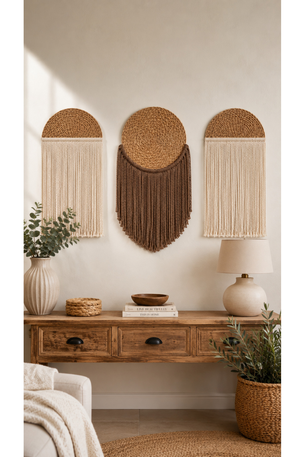 Wicker Underplate Design 3-Piece Cream Brown Cream Macrame Wall Ornament Set - Bohemian Decorative Wall Decor