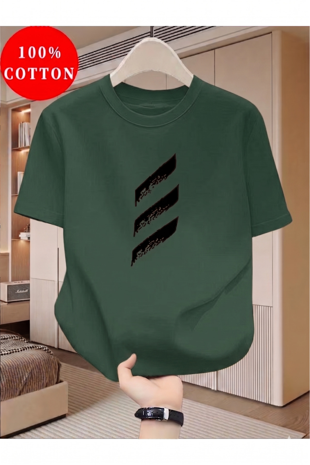 gencerco NEFTİ YEŞİL Unisex 3 Adet Yatay Çizgi Tasarım Basic Bisiklet Yaka Regular T-shirt