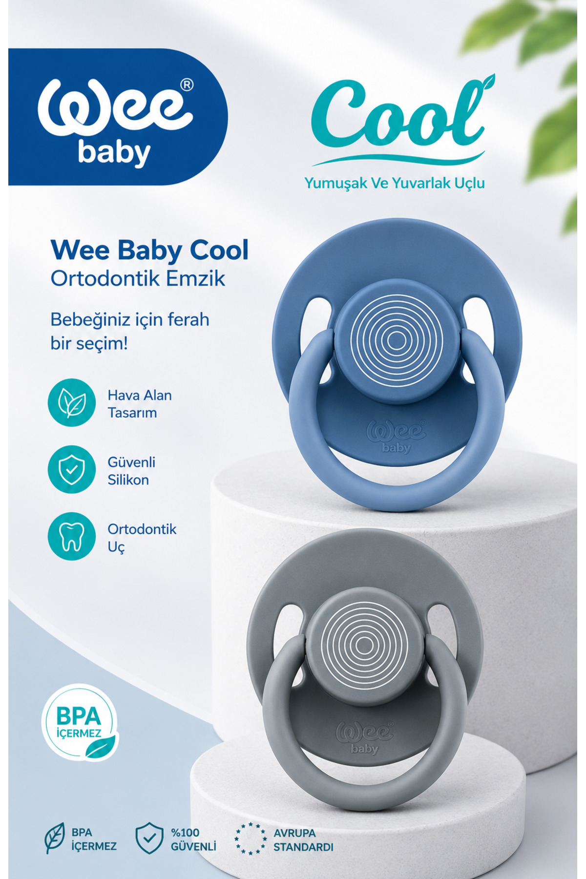 Wee Baby Cool Yuvarlak Yumuşak Uçlu Silikon Emzik 2'Li 18+Ay (Mavi/Gri)
