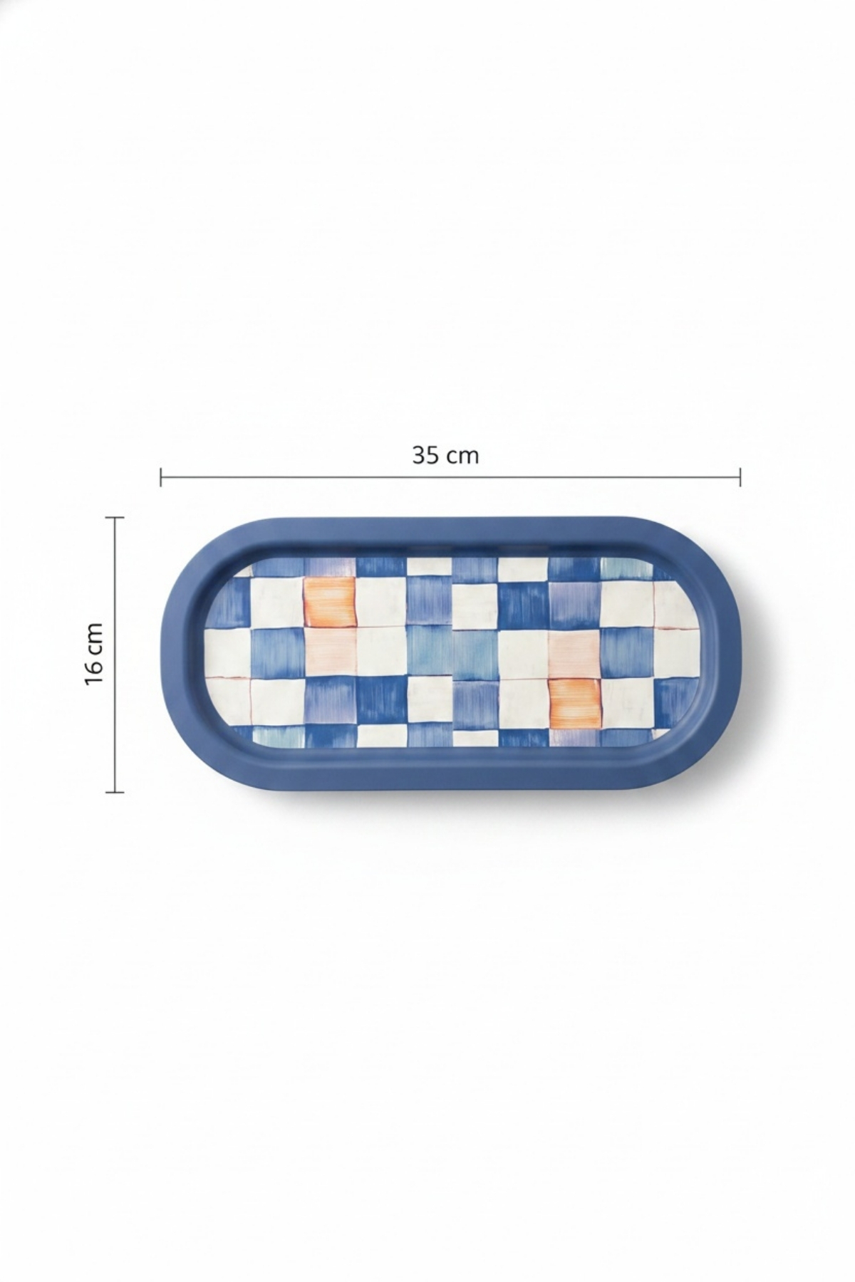 Mavi Dama Desenli Oval Metal Servis Tepsisi - 160x350 mm — Tepsiler — görsel 5 / 5 — Tinbox