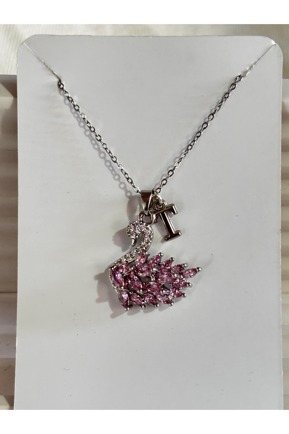 bijoux uniques 316L Çelik pembe zirkon taşlı kuğu T harfli kolye
