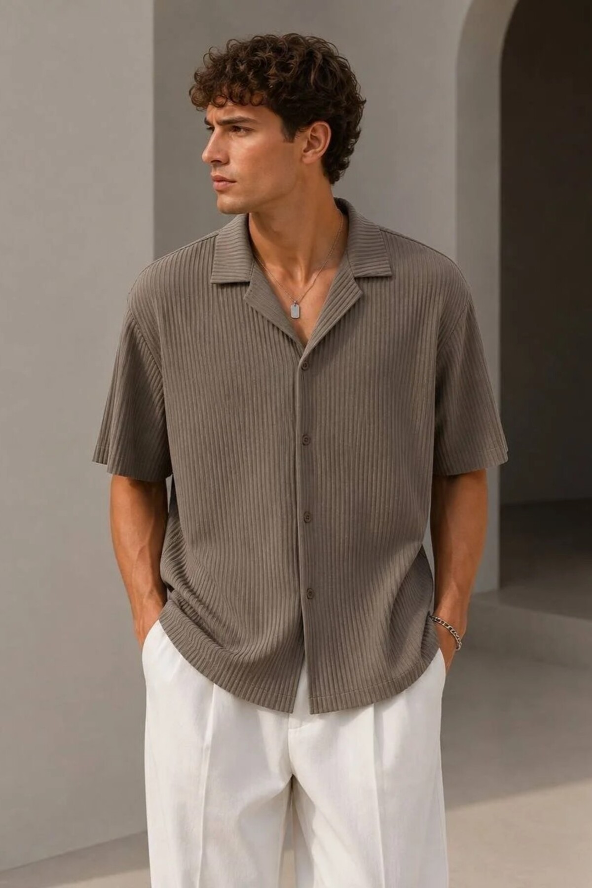 MADZEYMODA Men's Corduroy Short Sleeve Ash Color Shirt Ls-19192