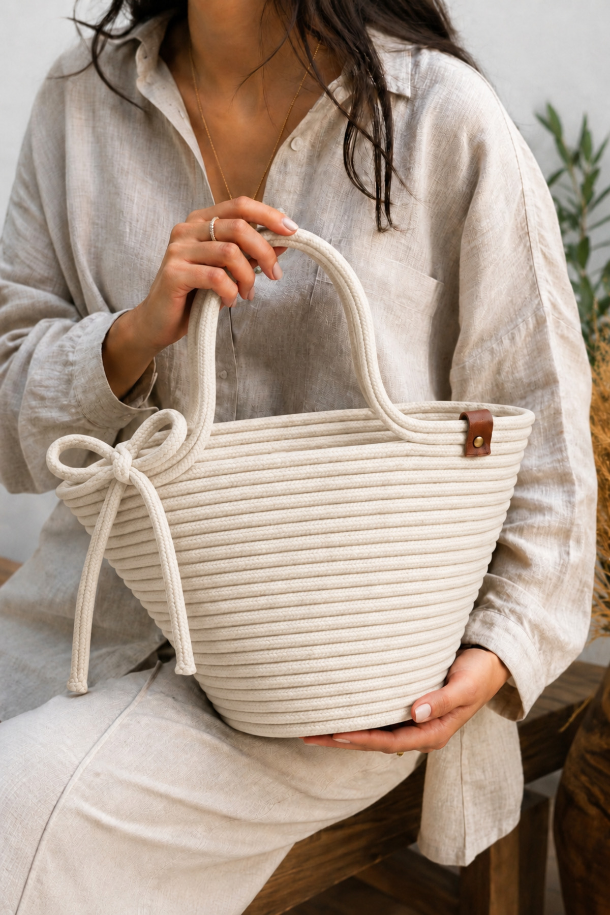 Lola Bowknot Detailed Wicker Handbag Natural Weave Summer Beach, Casual Stylish Design Bag