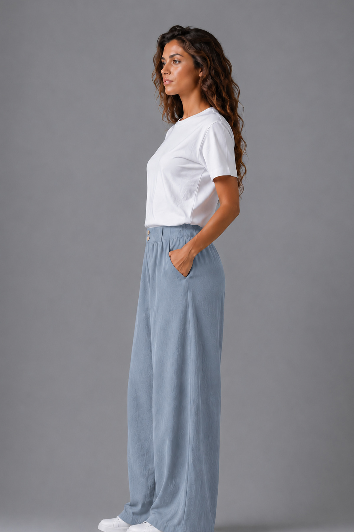 Denvy Denim Kadın Bulut Mavisi Çift Düğme Detaylı Palazzo Pantolon görsel 5