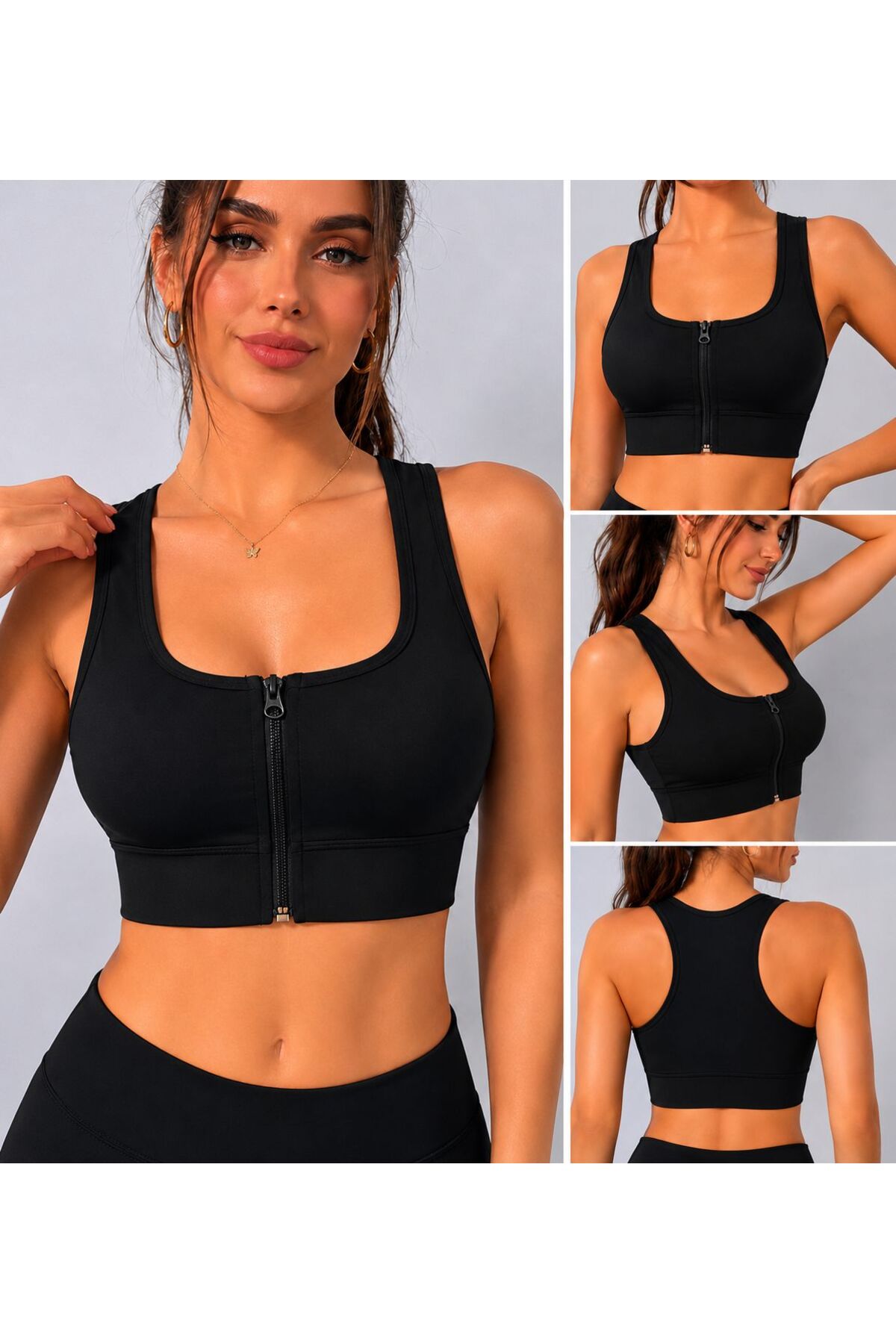 BEHLIVE Siyah Pedli Fermuarlı Spor Büstiyer Toparlayıcı Crop Destekli Spor Sütyeni görsel 2