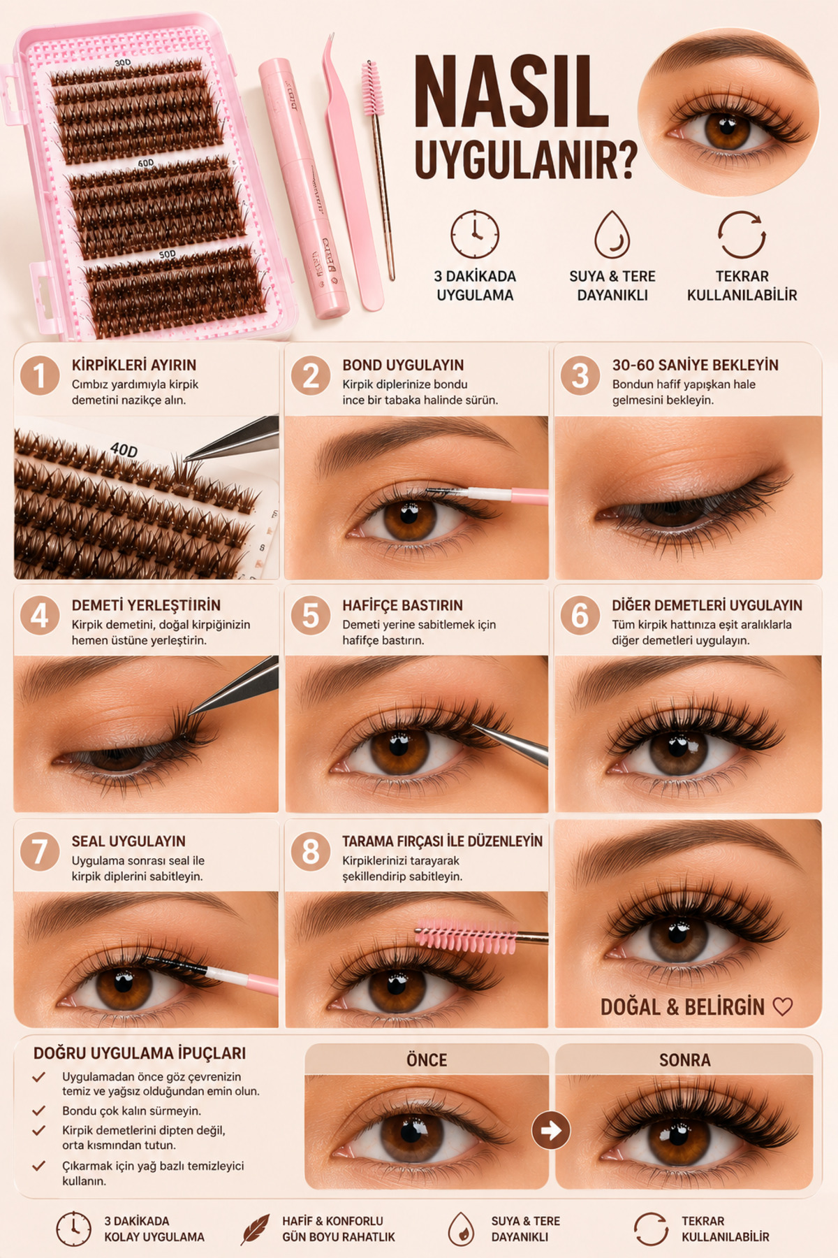 Kahverengi Brown Cluster Takma Kirpik Seti 30D 40D 50D 60D 80D 100D Bond & Seal Cımbız Dahil Viral Görünüm — ALR-BROWNKIT — تصویر 5 از 6