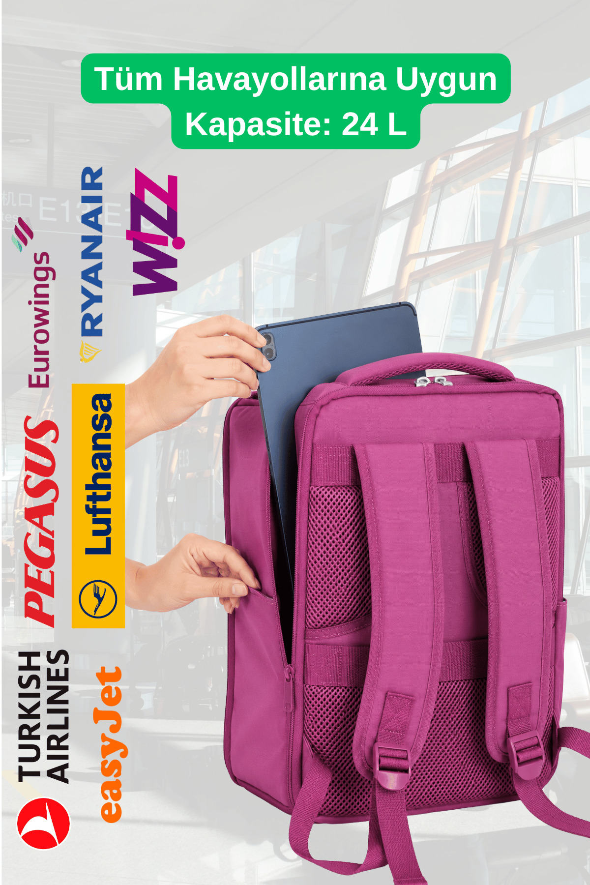 Jet Turtle Seyahat Sırt Çantası 40cm 40x25x15 cm Pegasus, Wizz Air, Ryanair, El Valizi Koltuk Altı Valizi görsel 4