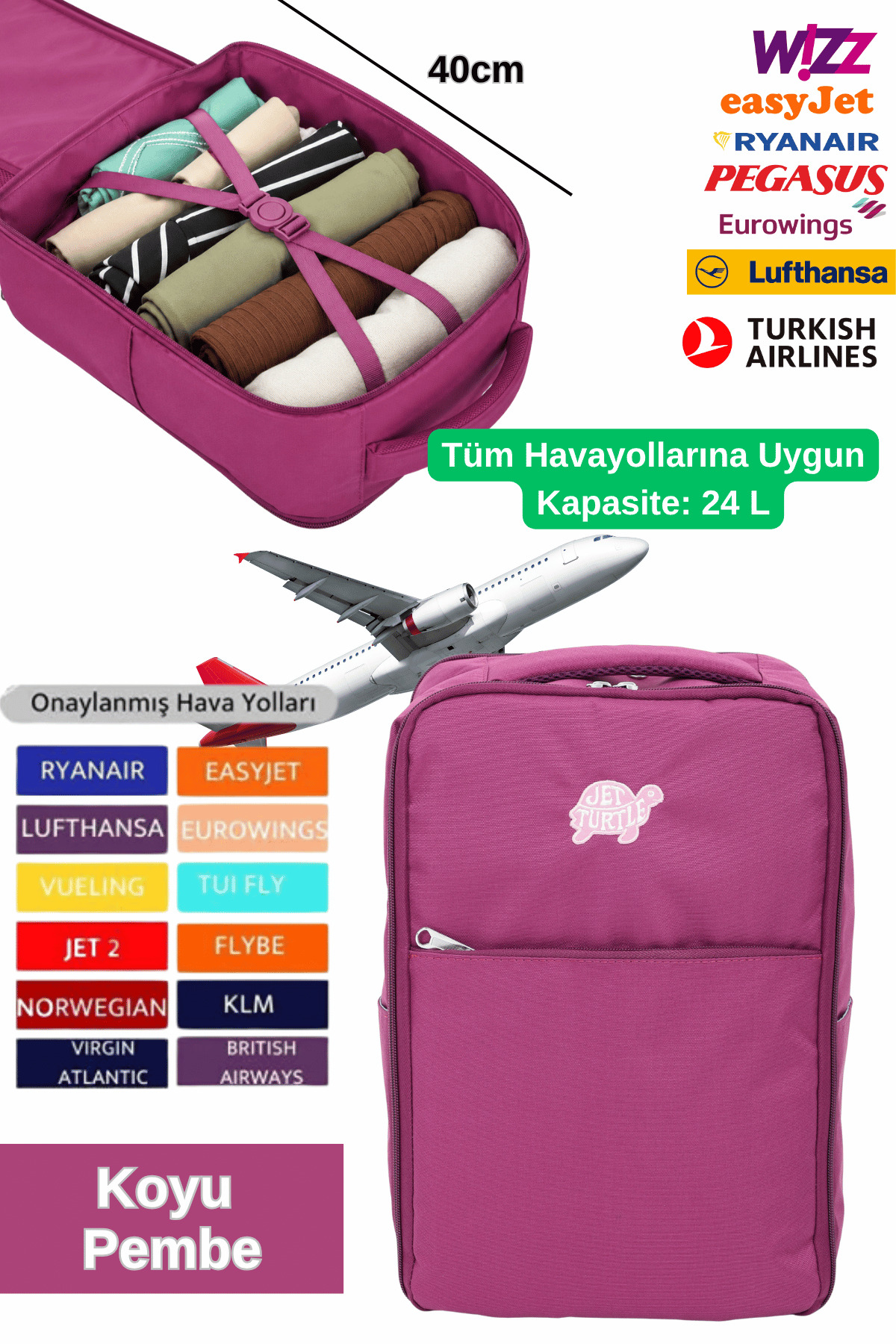 Jet Turtle Seyahat Sırt Çantası 40cm 40x25x15 cm Pegasus, Wizz Air, Ryanair, El Valizi Koltuk Altı Valizi