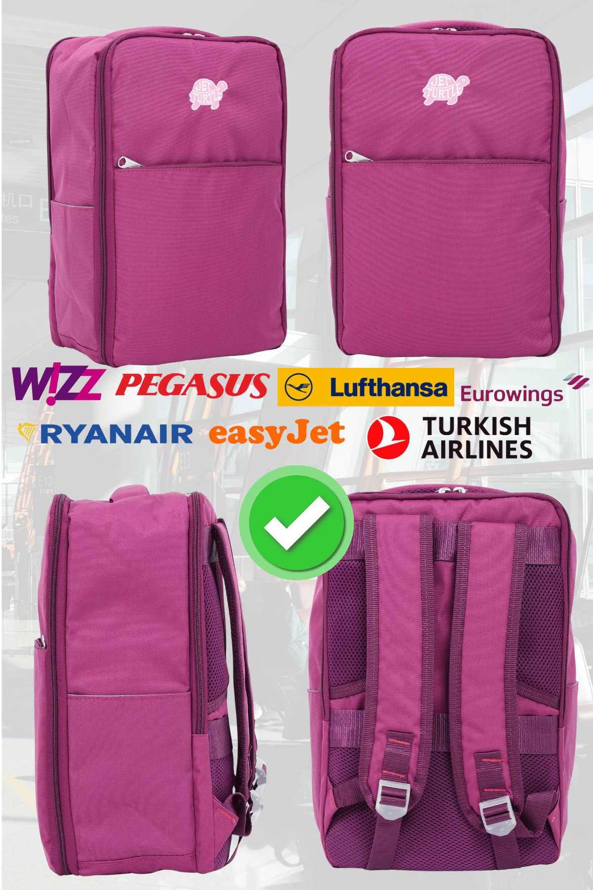 Jet Turtle Seyahat Sırt Çantası 40cm 40x25x15 cm Pegasus, Wizz Air, Ryanair, El Valizi Koltuk Altı Valizi görsel 5