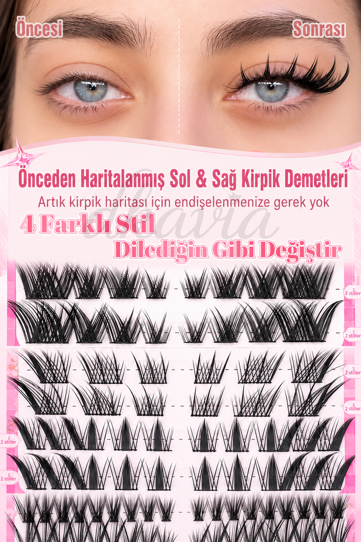 Takma Kirpik Seti 4 Farklı Stil Kirpik, Yapıştırıcı ve Sabitleyici, Cımbız ve Çift Taraflı Kirpik Fırçasıyla Cat Eye -Wispy Doll Eye- Manga- Natural — DK2605 — تصویر 2 از 5