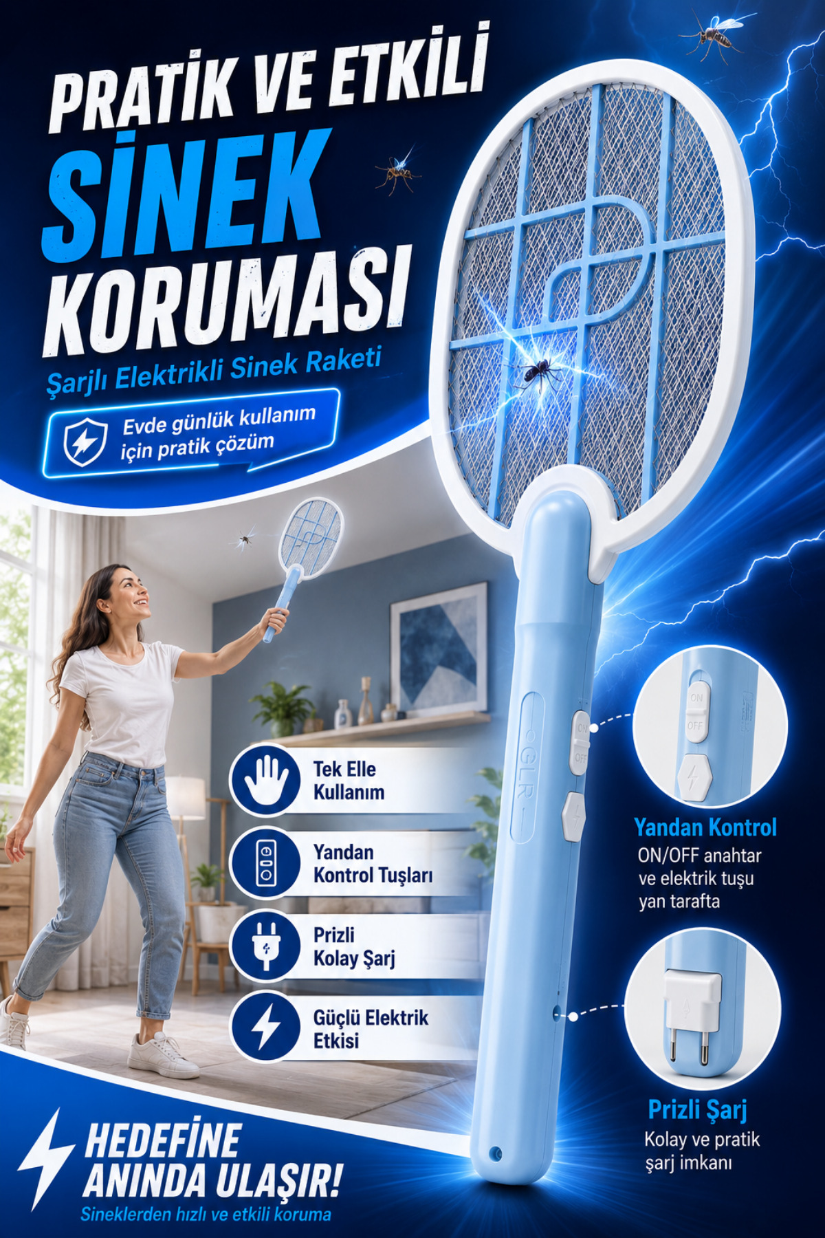 Şarjlı Sinek Raketi Elektrikli Sivrisinek Öldürücü El Tipi Manuel Kullanım Prizli Şarj Mor Işıksız