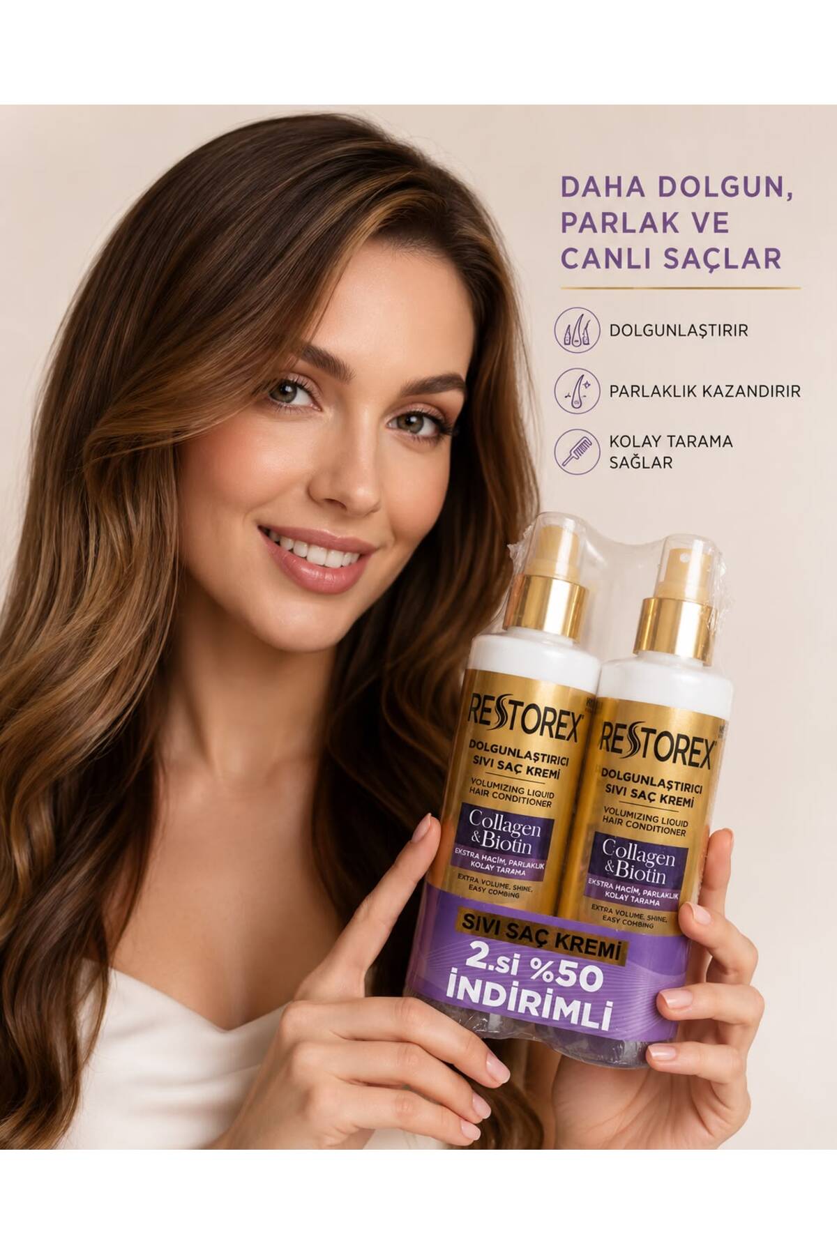 Restorex Collagen & Biotin Dolgunlaştırıcı Sıvı Saç Kremi 2+1 - 200 ml – Durulanmayan Saç Bakım Spreyi, Hacim Veren ve Kolay Tarama Sağlayan — RCBDSÇK1 — تصویر 3 از 4