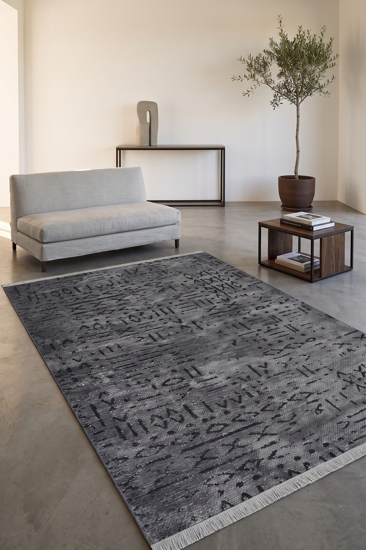 Vera Anthracite Anti-Slip Base Geometric Cotton Washable Living Room Kitchen Living Room Modern Rug