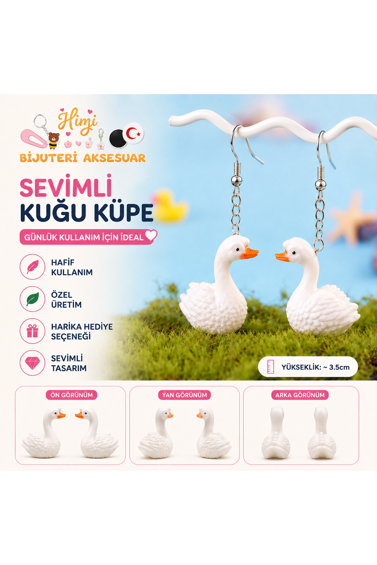 Neşeli Sevimli Kuğu Hayvan Figürlü Sallantılı Küpe Hafif Tasarım Günlük Kullanım Bijuteri Çocuk Küpesi