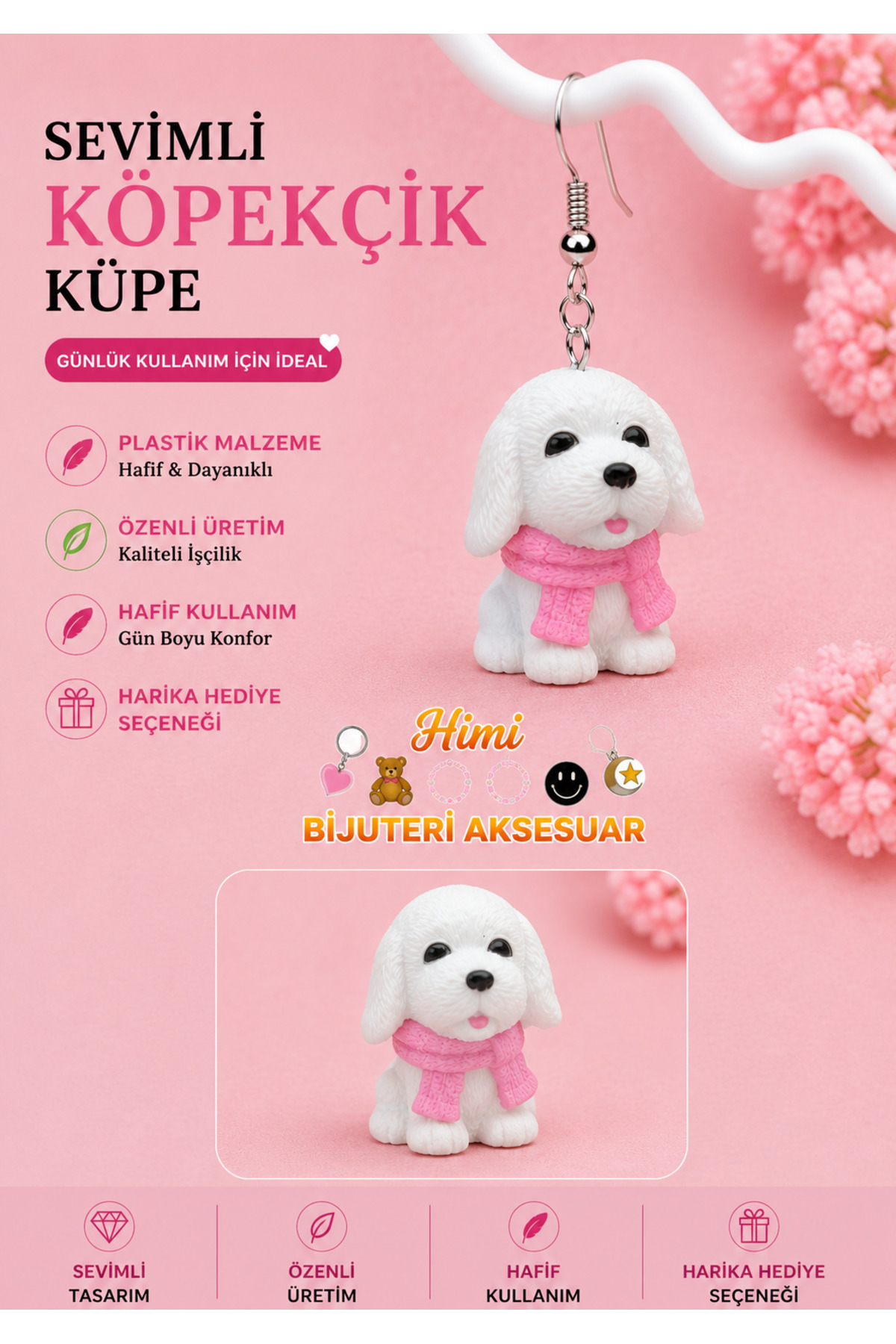 Beyaz Köpek Neşeli Sevimli Hayvan Figürlü Sallantılı Küpeler Hafif Tasarım Günlük Kullanım Bijuteri Çocuk Küpesi