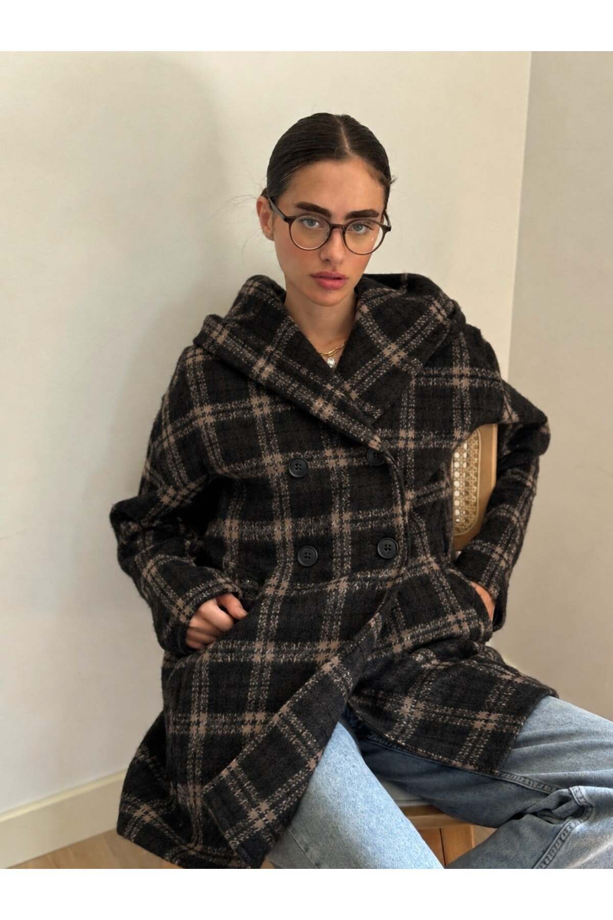 Retrobird Urban Retro Kapüşonlu Oversize Ceket Kaban Kadın Koyu Kahve görsel 6