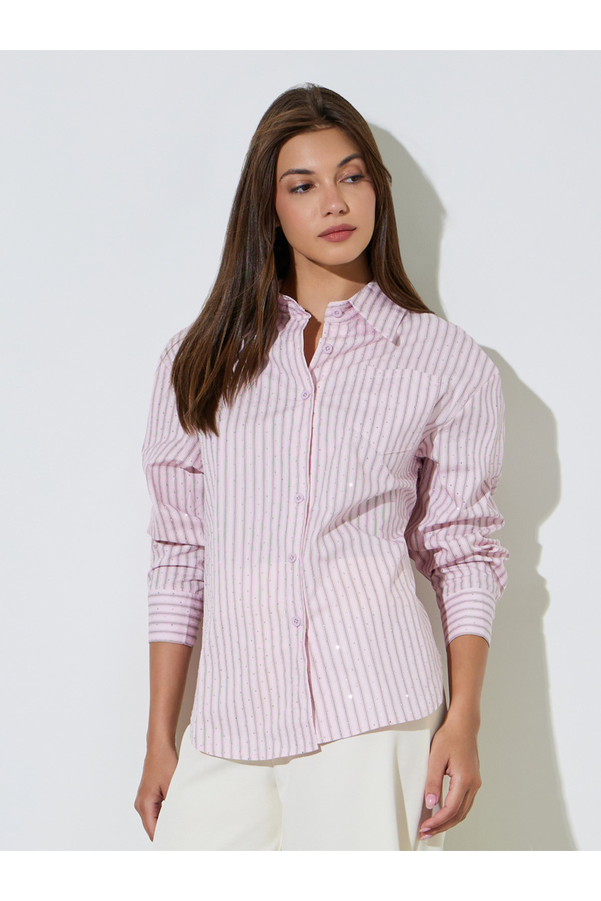 Styli Pink Longline Striped Embellished Shirt