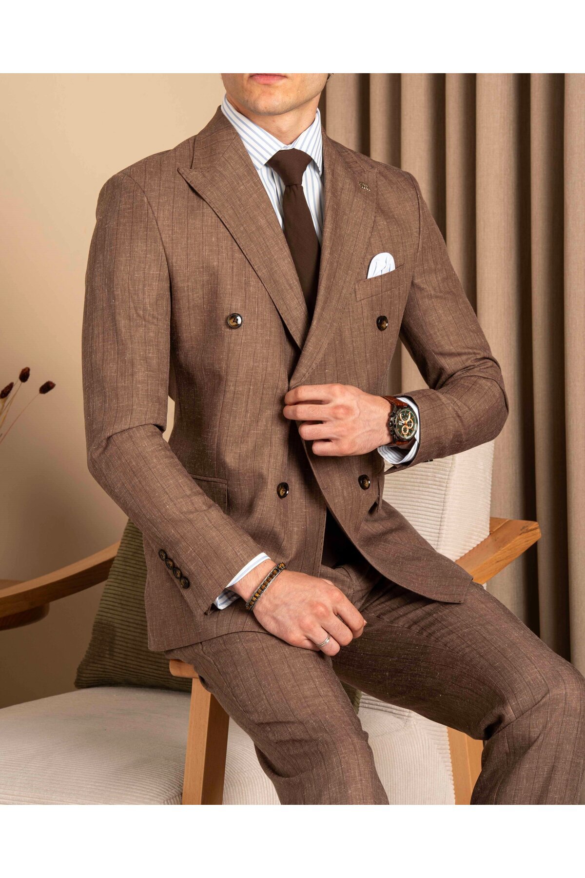 TerziAdemAltun Slim Fit Men's Double-Breasted Pointed Collar Jacket Pants Suit Brown T20110-03