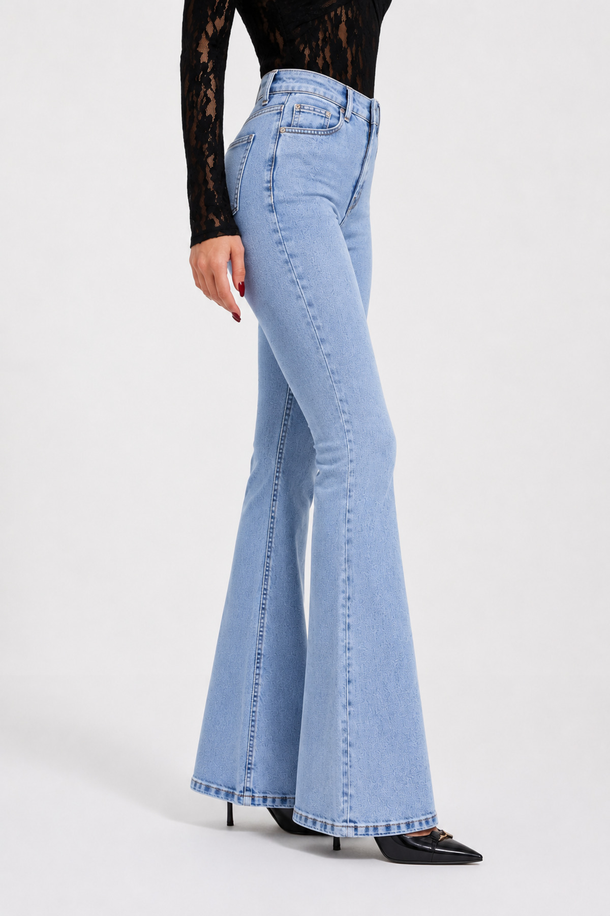 Lighter Jeans Likralı Yüksek Bel İspanyol Paça Kadın Jean Pantolon Kar Mavi Esnek Flare Denim görsel 2
