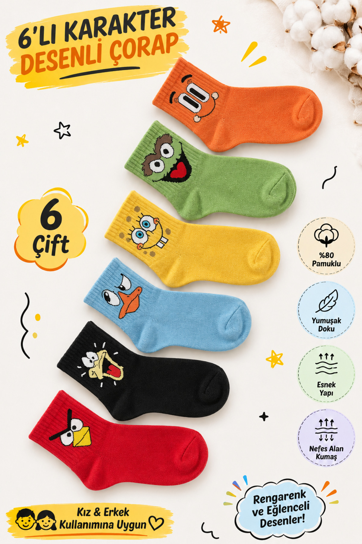 Socks Store 6 Çift Unisex Pamuklu Renkli Kolej Çorap Seti, Erkek Kadın Soket Çorap