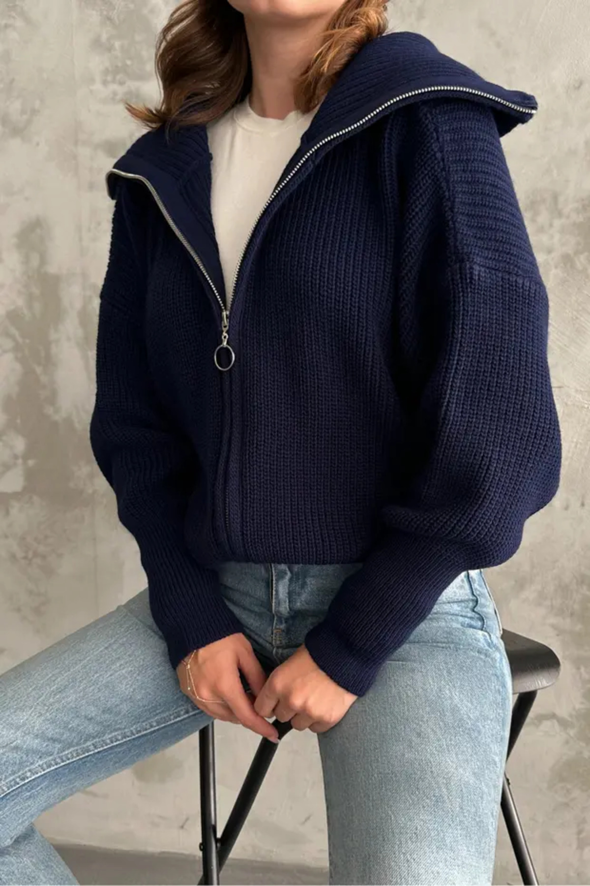 Nopen Knitwear Kadın Fermuarlı Devrik Yaka Triko Hırka görsel 4