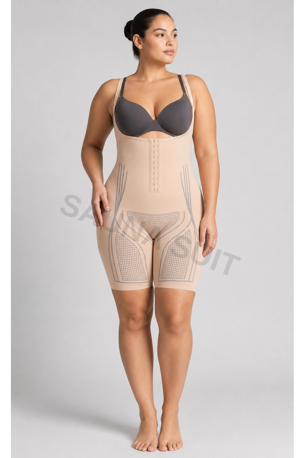 SAUNA SUIT İç Giyim Şekillendirici Tulum Korse Kadın Önden Açılabilir Göğüs Bölgesi Açık Uyluk Toparlayan Body Nude Ten görsel 2