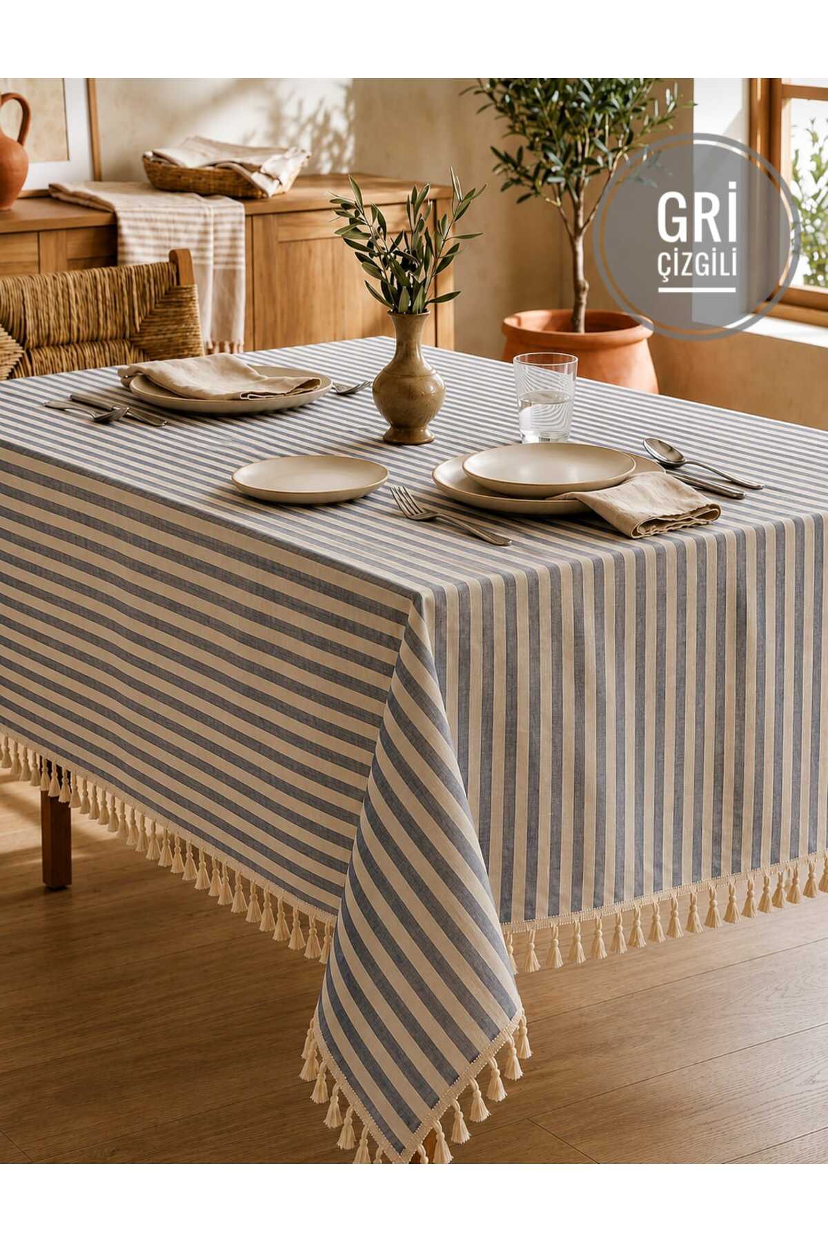 Tasseled Yellow - Striped Tablecloth Kitchen Cover