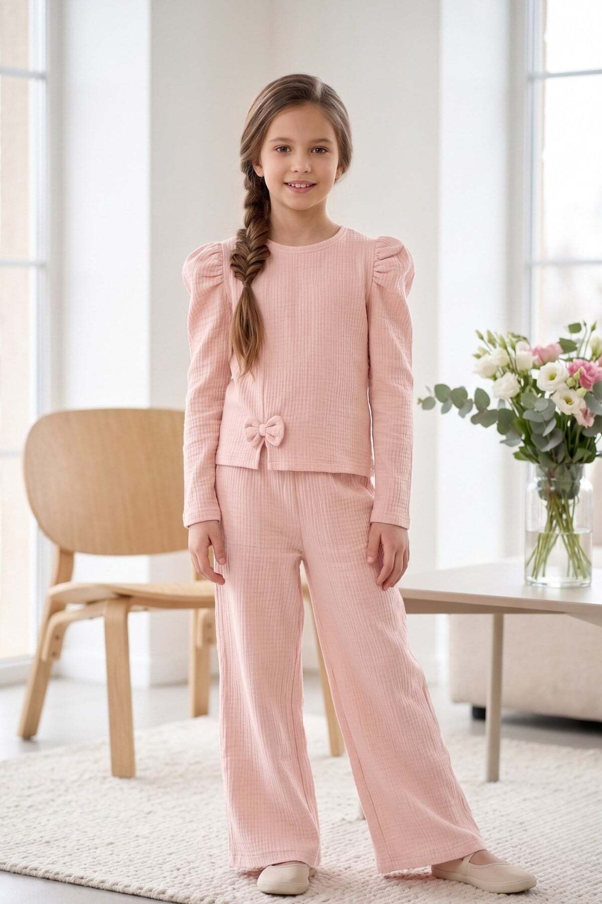 NEWKİDS Girls' Set Children's Long Sleeve Smn Bow Detail Girls' Set
