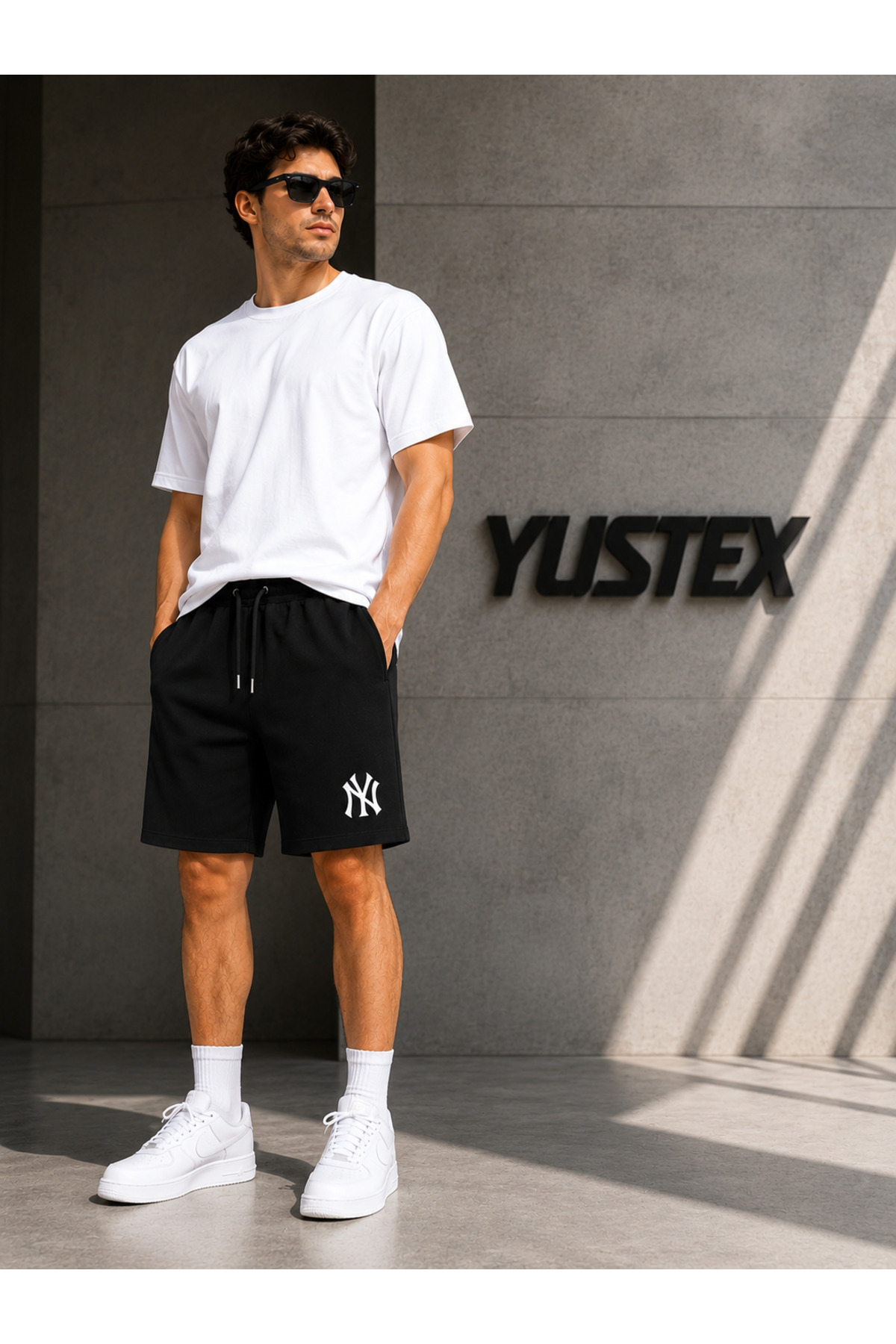yx yustex sport 3'lü Şort Erkek NY Baskılı (Siyah-Gri-Lacivert) Basic Yazlık Şort Seti - Diz Üstü Rahat Kalıp 3'lü Ekonomik Paket görsel 4